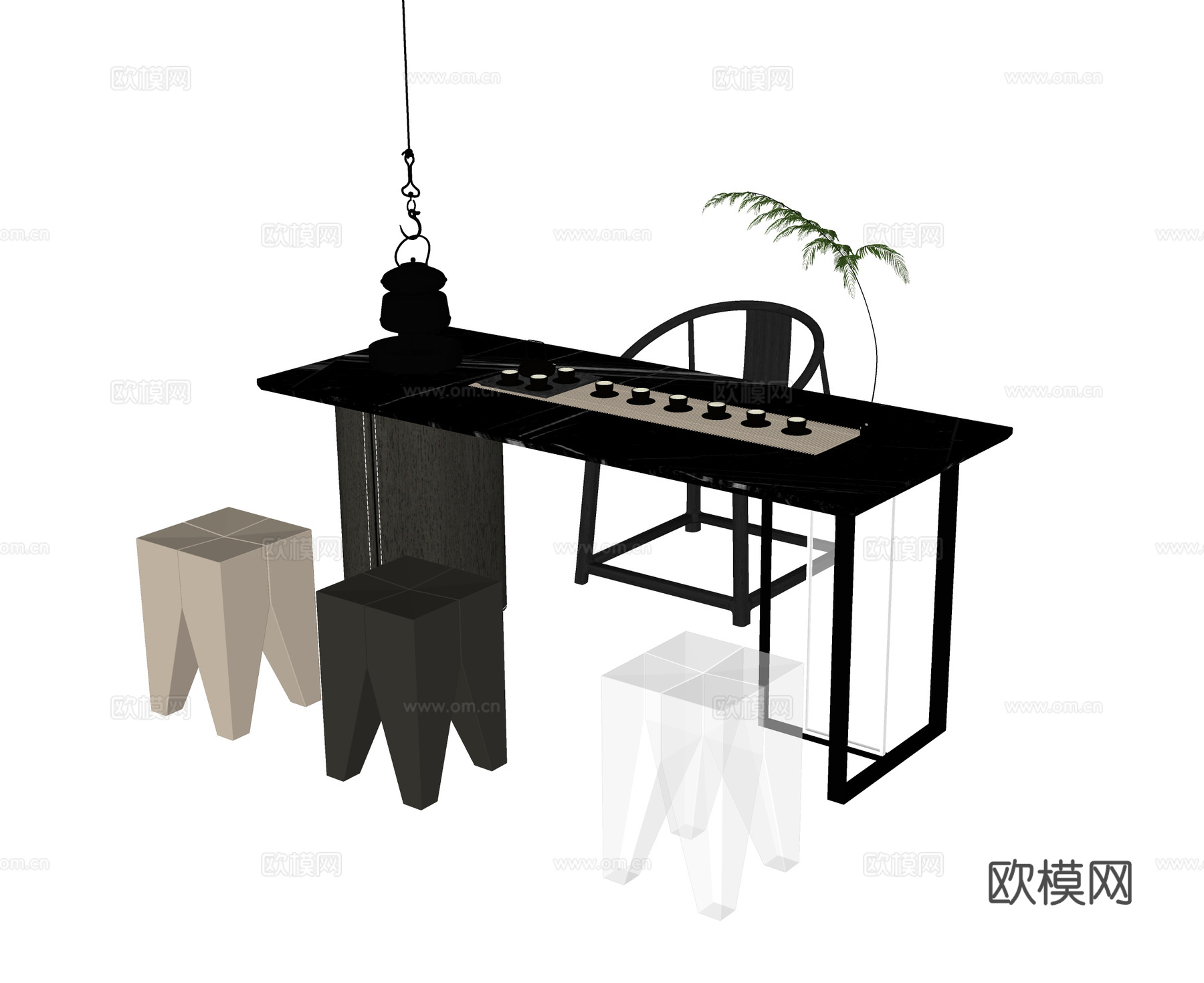 现代茶桌椅 凳子 茶具su模型