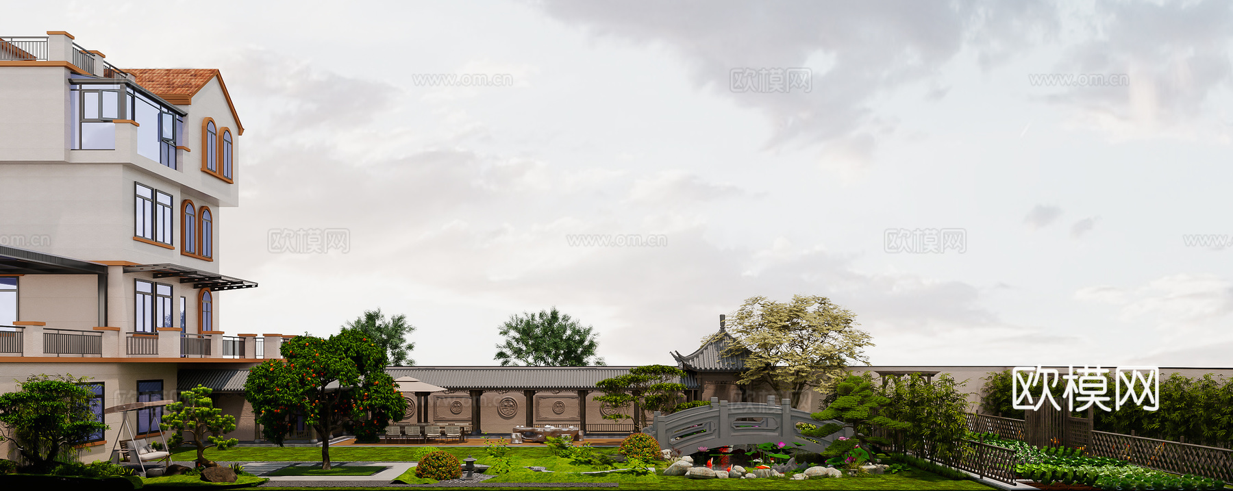 新中式庭院 别墅庭院景观 鱼池水景  新中式回廊3d模型
