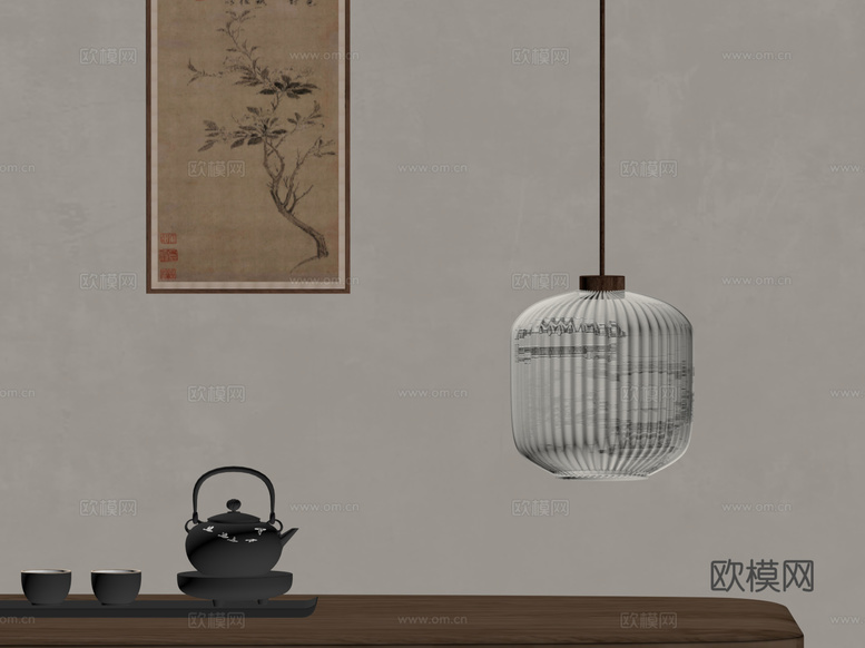 新中式吊灯 装饰画 茶具su模型下载(渲染图2)