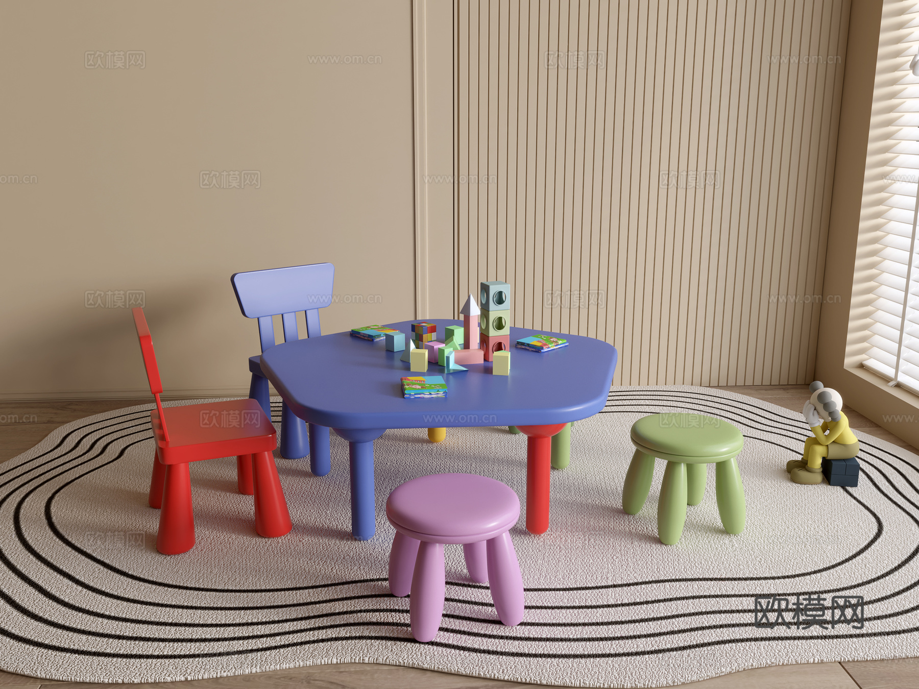 现代幼儿园桌椅 幼儿园玩具 儿童座椅组合 儿童手工桌 卡通桌su模型
