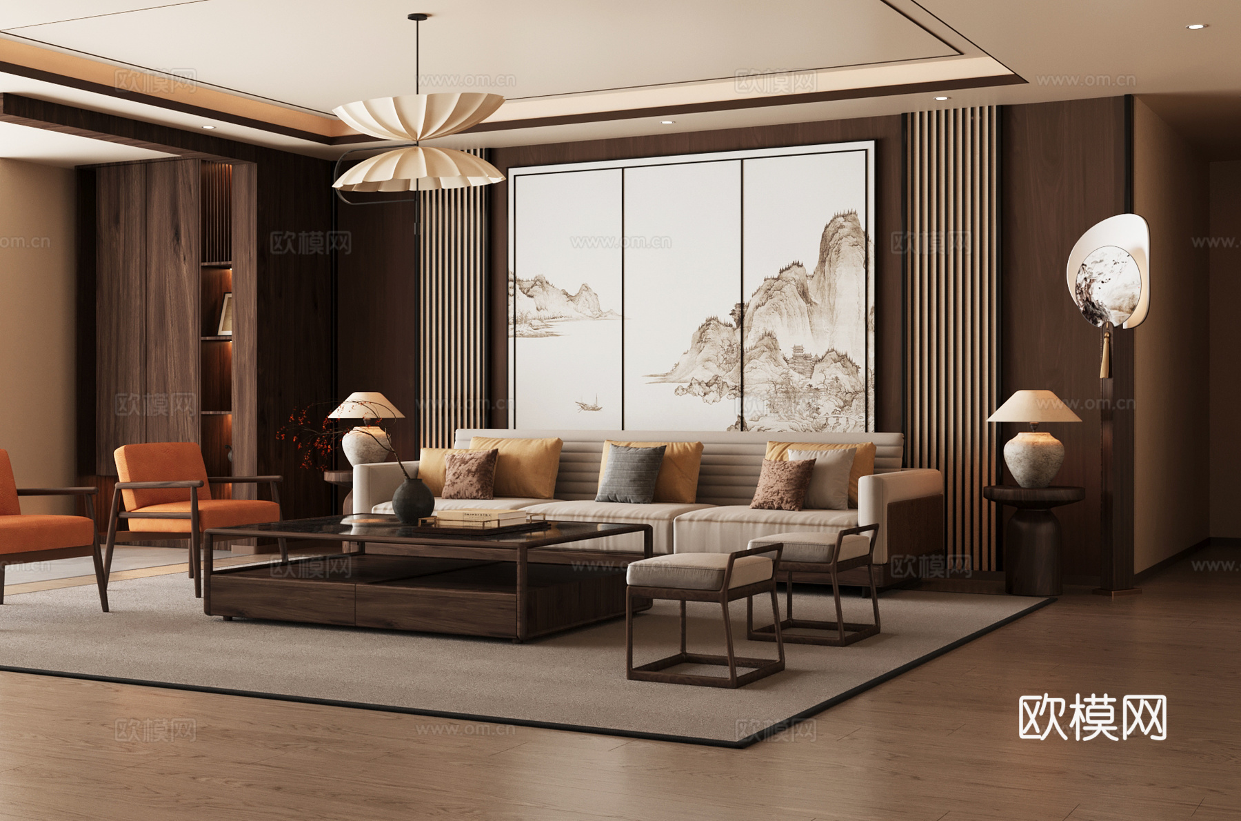 新中式客厅 沙发背景 沙发茶几组合3d模型