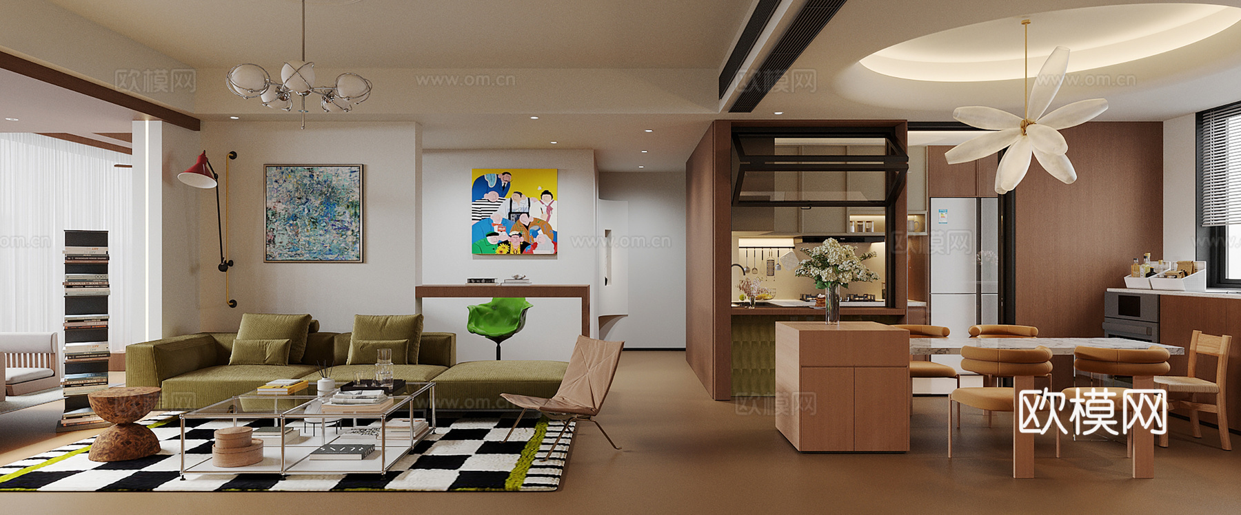 中古家居客餐厅 客餐一体设计 开放式餐厅 沙发茶几组合3d模型