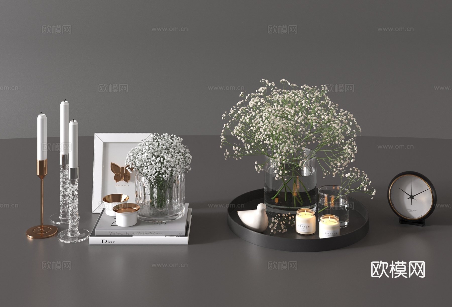 现代饰品摆件组合 花瓶花艺 烛台灯 书籍 电子表su模型
