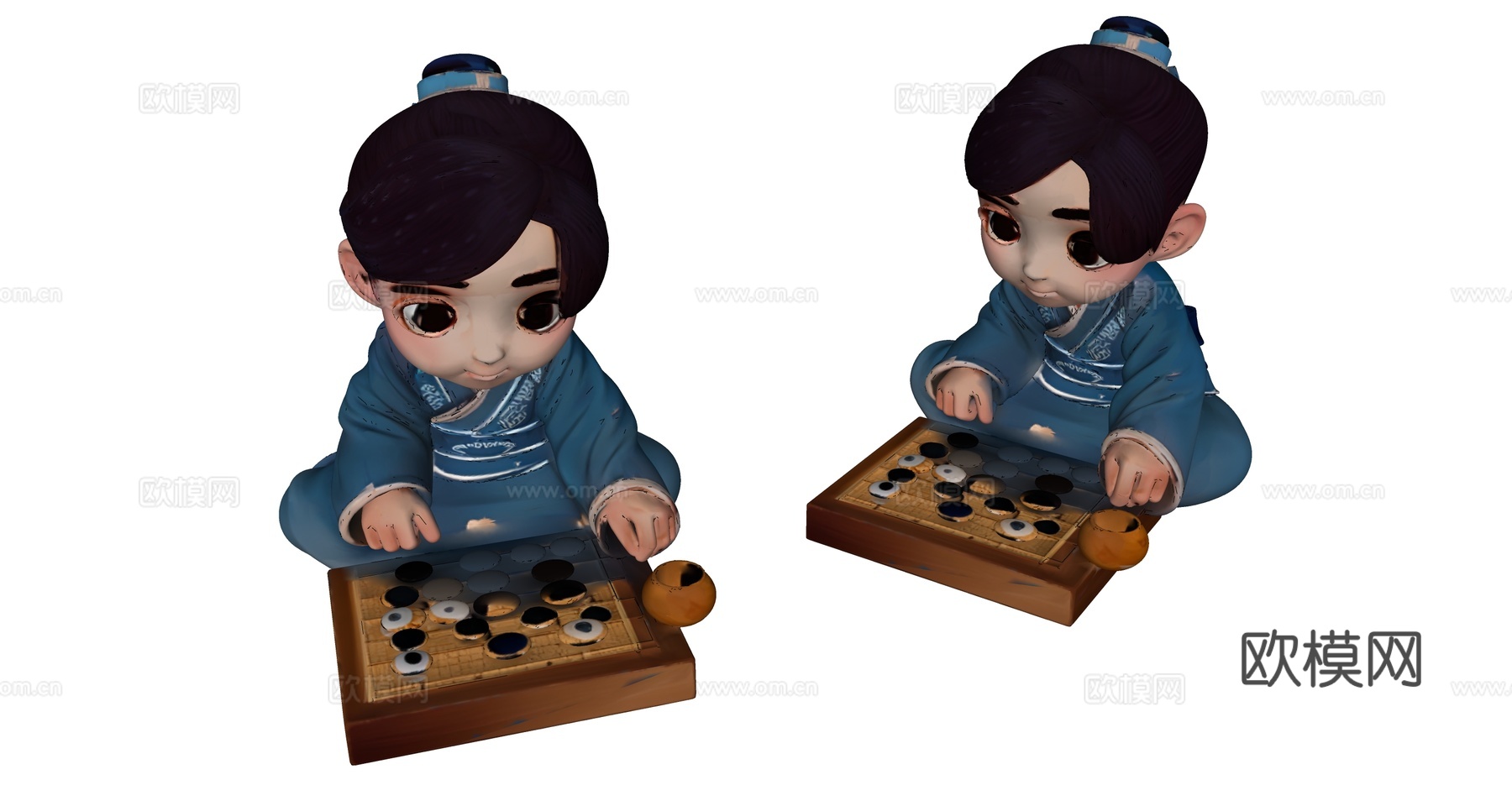 蓝色古装的下棋男孩su模型