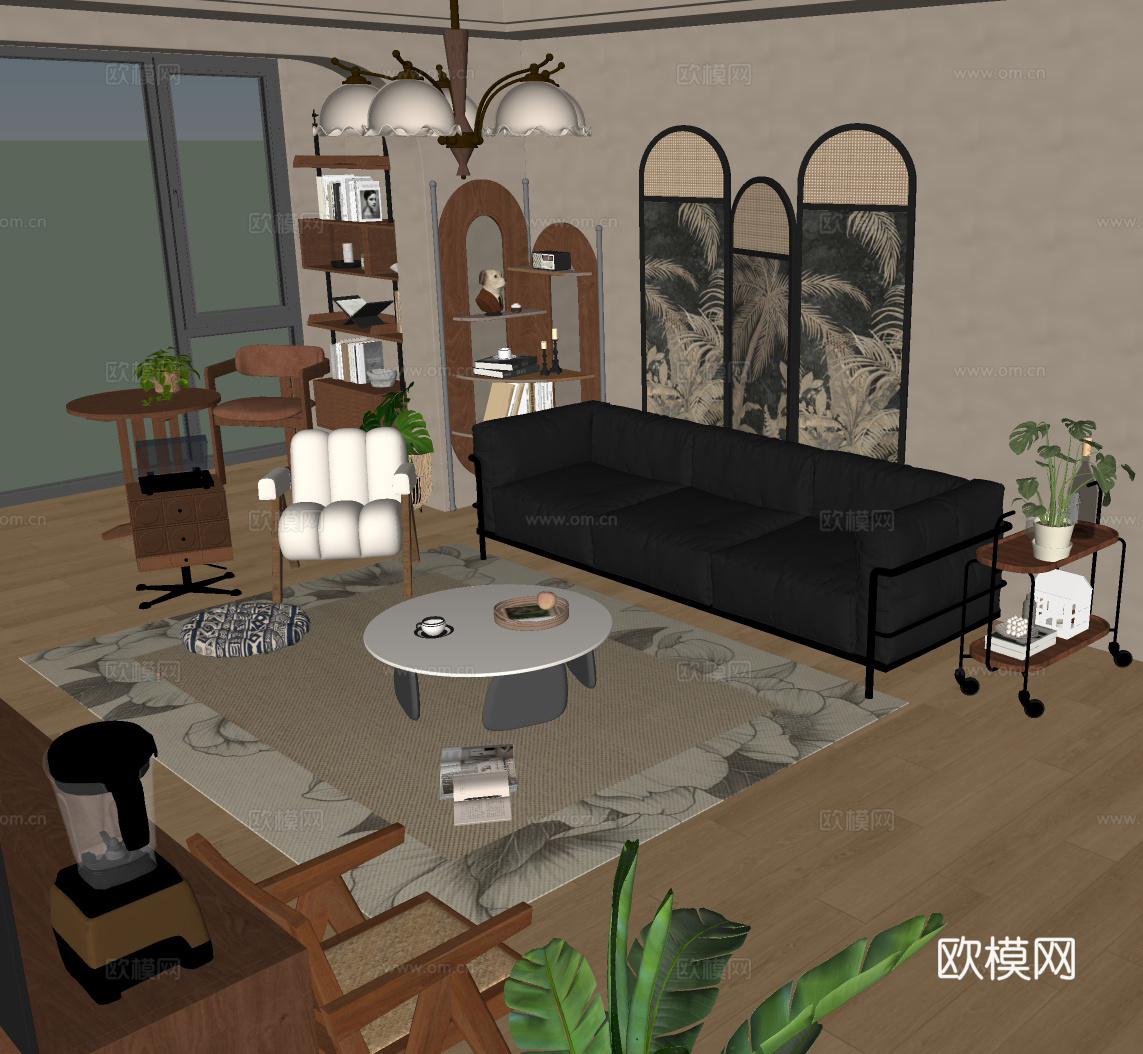 中古家居客厅 小户型客厅 沙发茶几组合 边几角几su模型