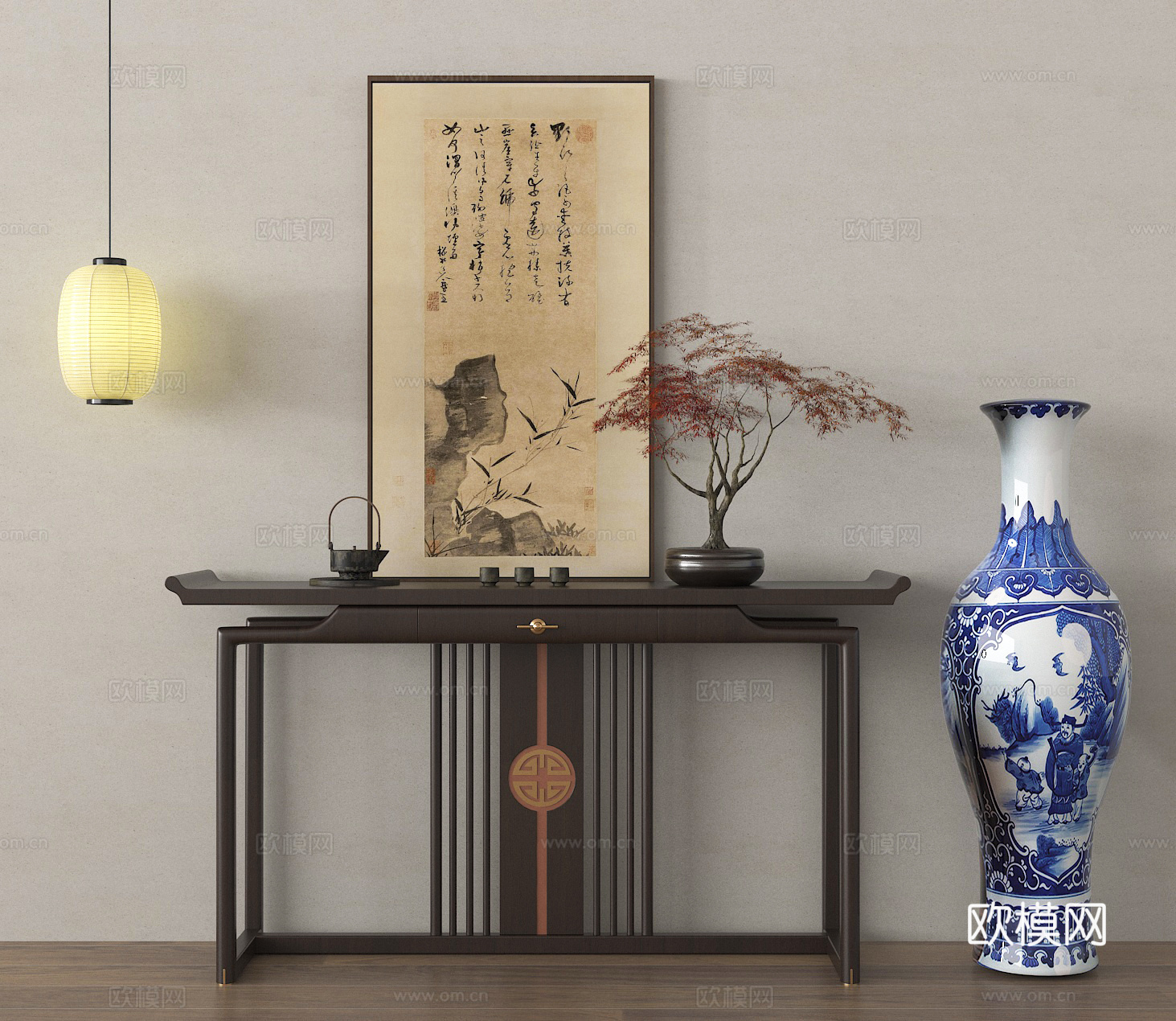 端景条案 玄关端景台 青花瓷瓶 花艺 水墨画 灯笼su模型