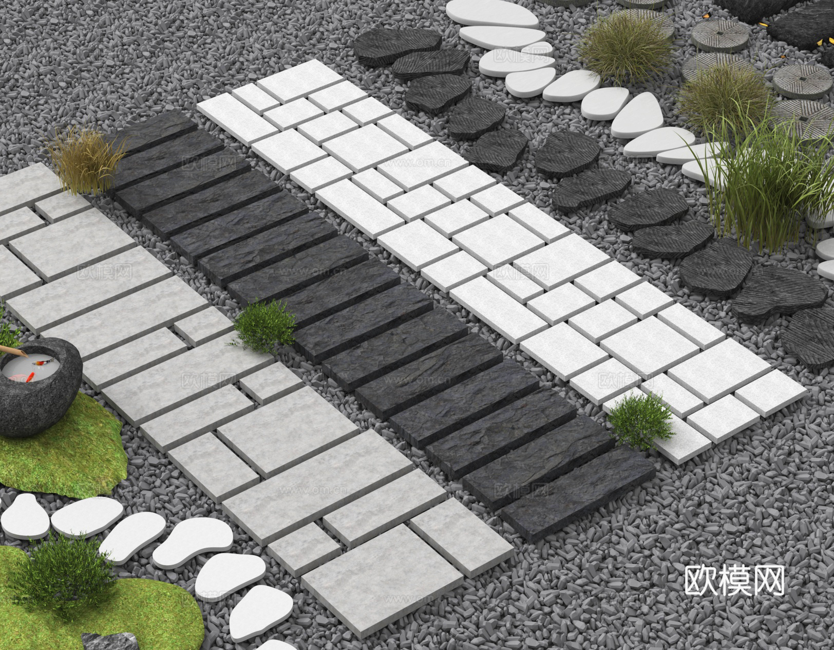 汀步小品 路面铺装 石板路 公园路3d模型