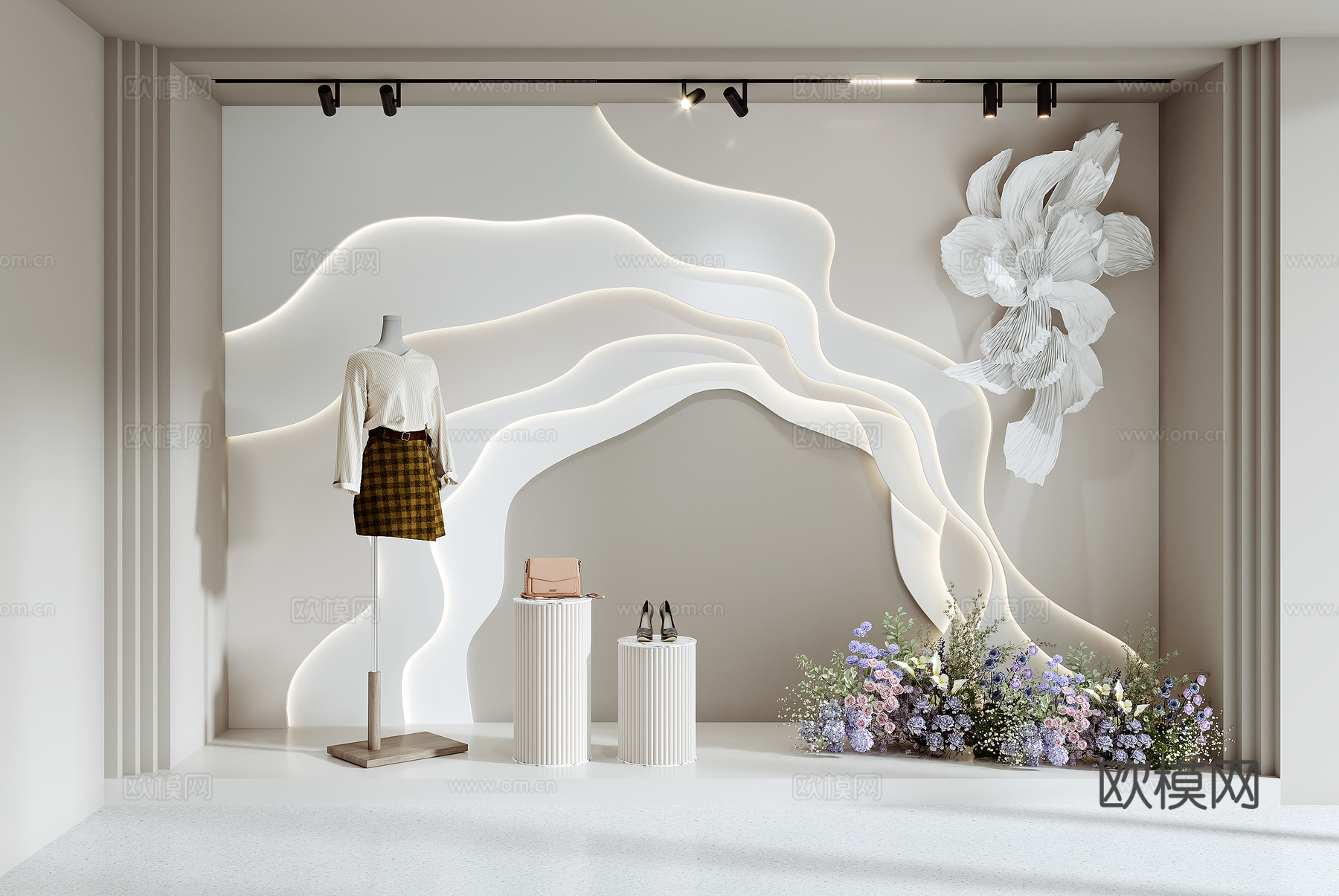 现代服装店橱窗 美陈 背景墙su模型下载（渲染图1）