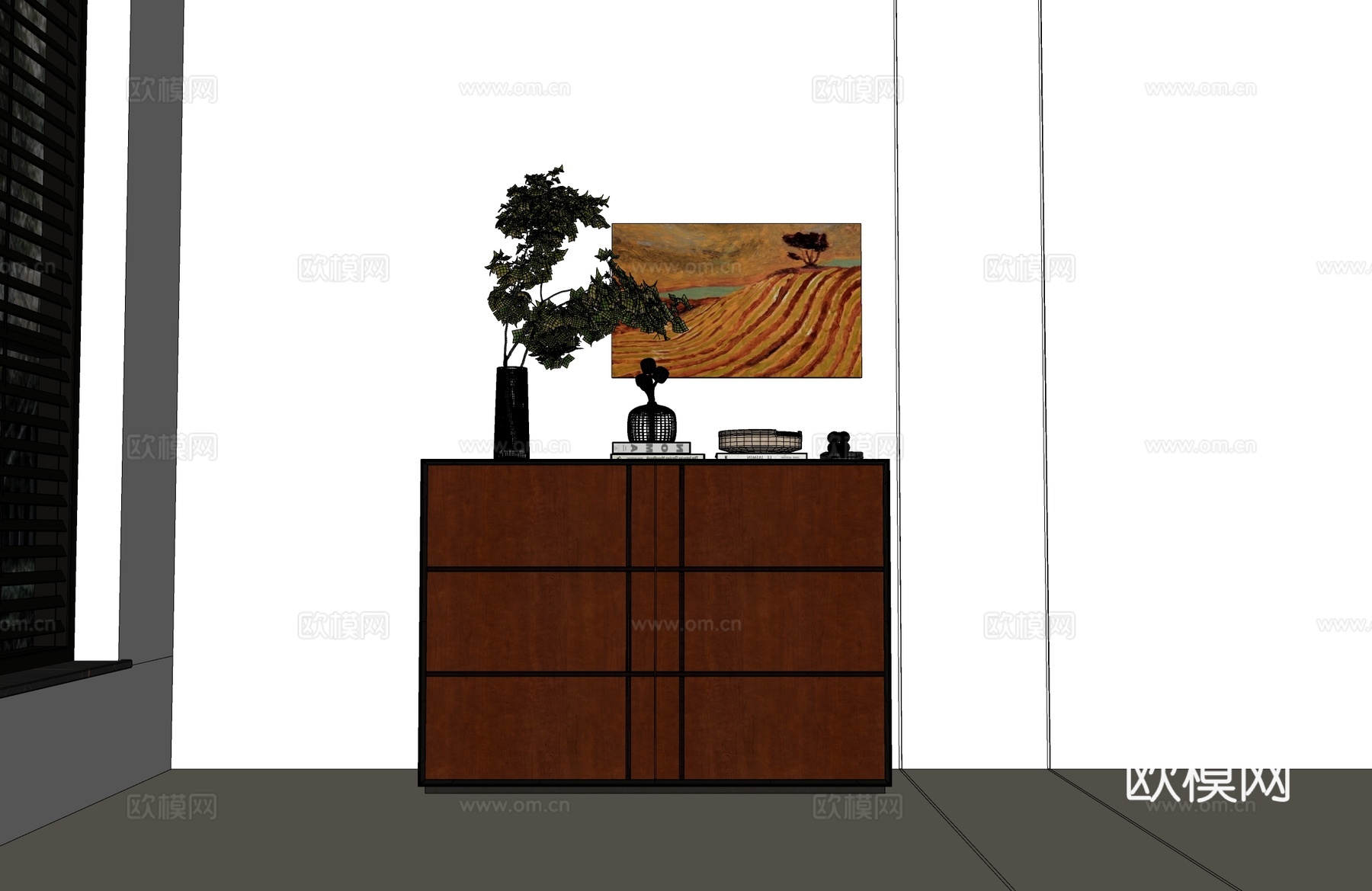 现代中古斗柜 中古风斗柜 装饰画 现代边柜 现代中古装饰柜su模型