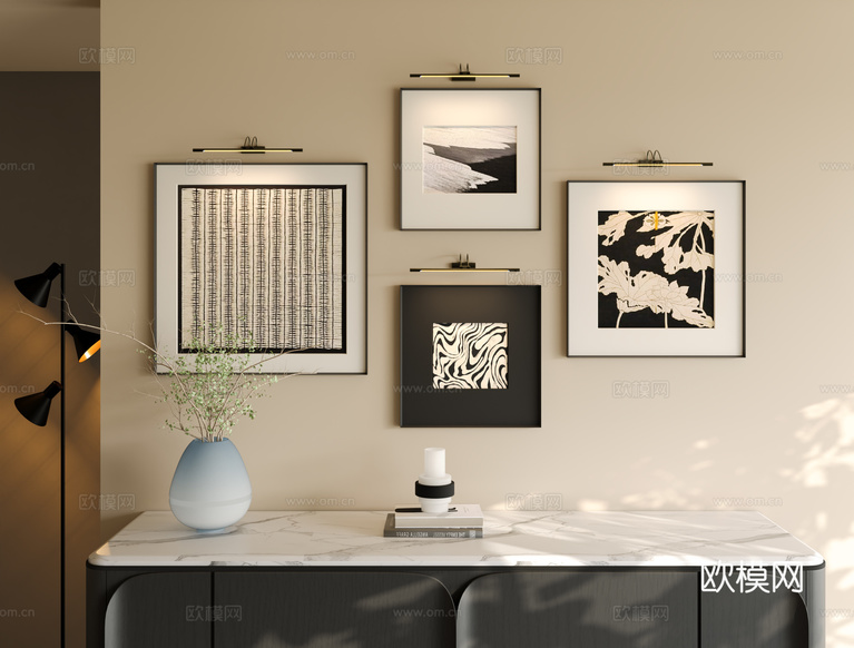 意式抽象肌理画组合 现代黑白灰挂画组合 铁艺壁灯挂画3d模型下载