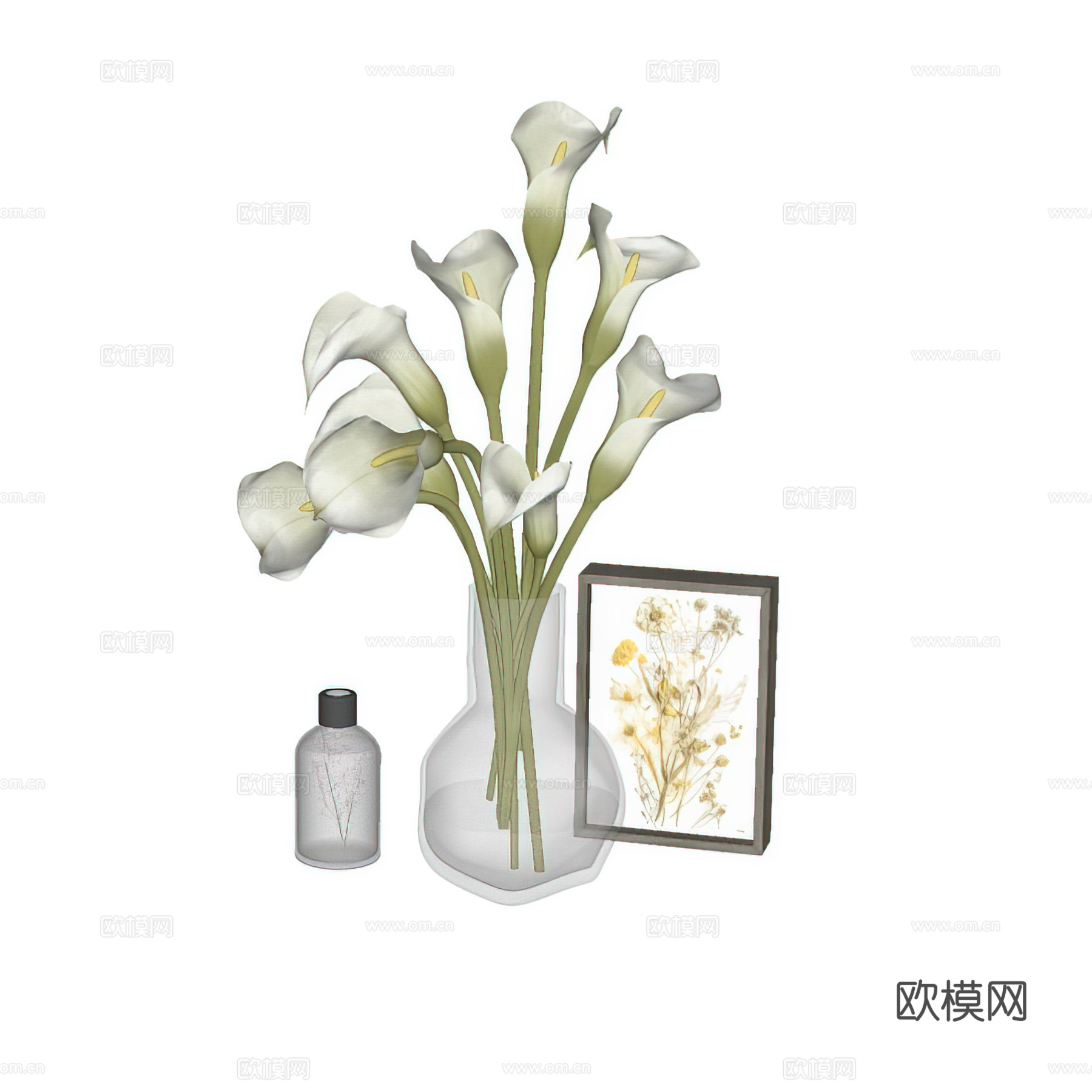 现代装饰摆件组合 花艺摆件 装饰画 鲜花百合su模型