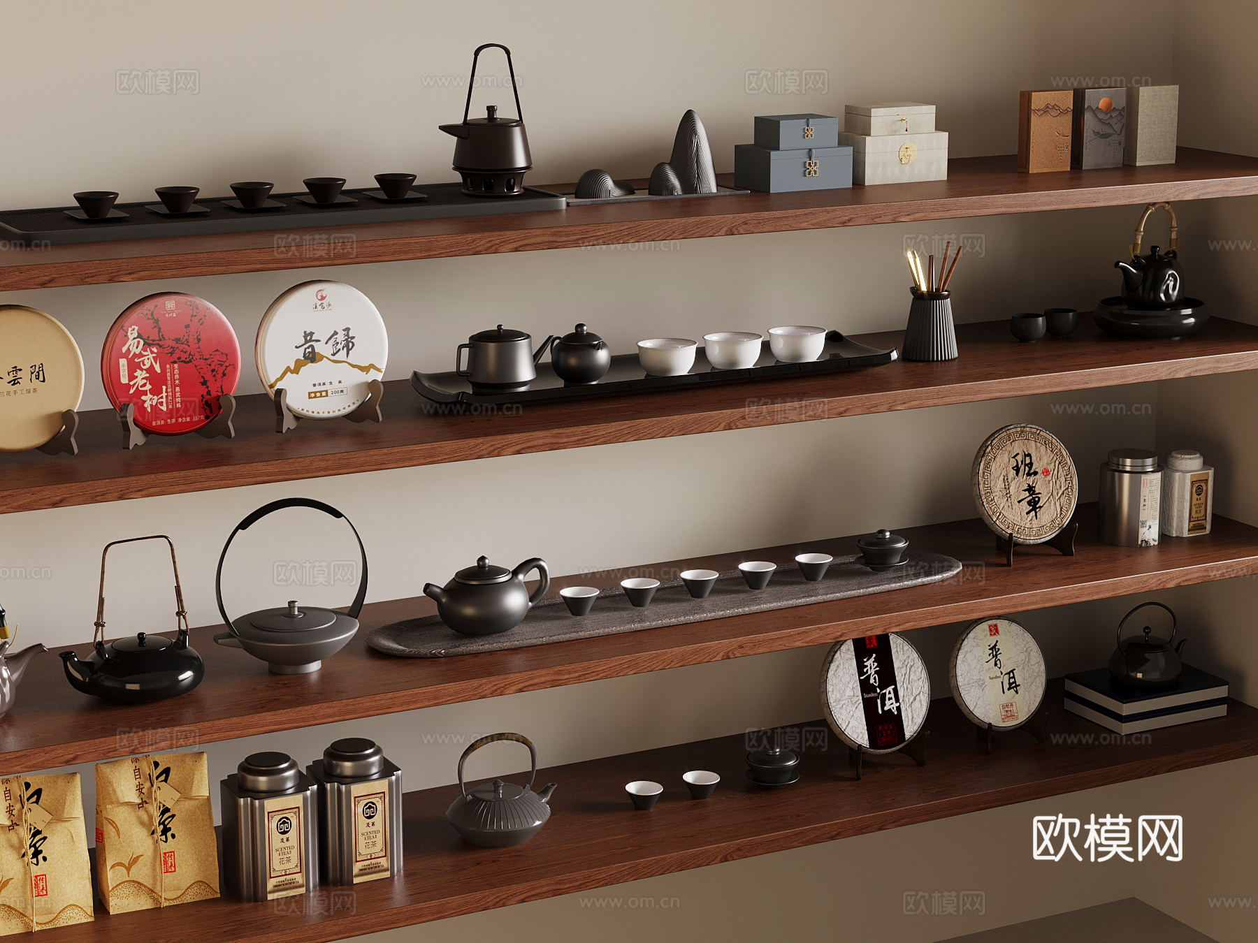 新中式茶具 茶壶 茶杯 茶叶 摆件su模型