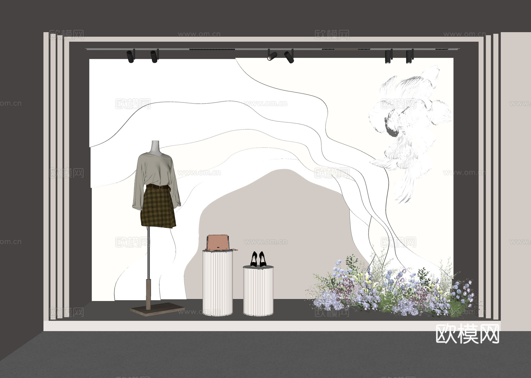 现代服装店橱窗 美陈 背景墙su模型下载（渲染图2）