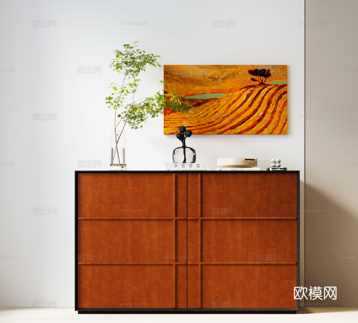 现代中古斗柜 中古风斗柜 装饰画 现代边柜 现代中古装饰柜su模型