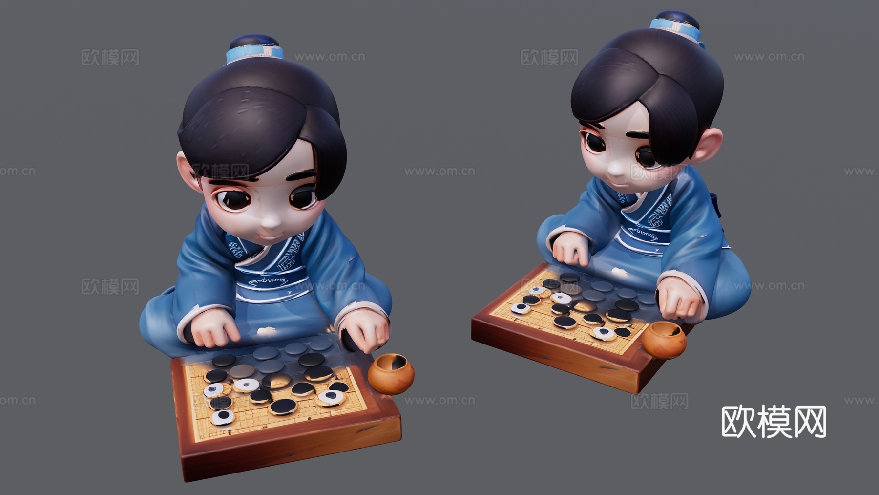 蓝色古装的下棋男孩su模型