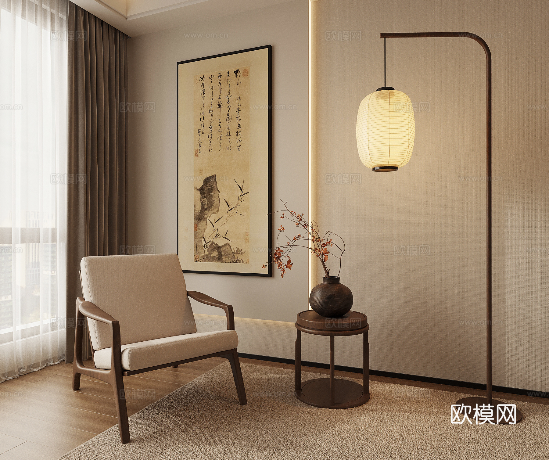 新中式落地灯 休闲椅 装饰画 边几3d模型