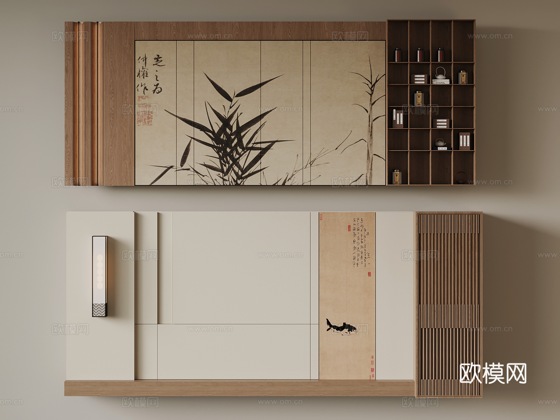 新中式背景墙su模型