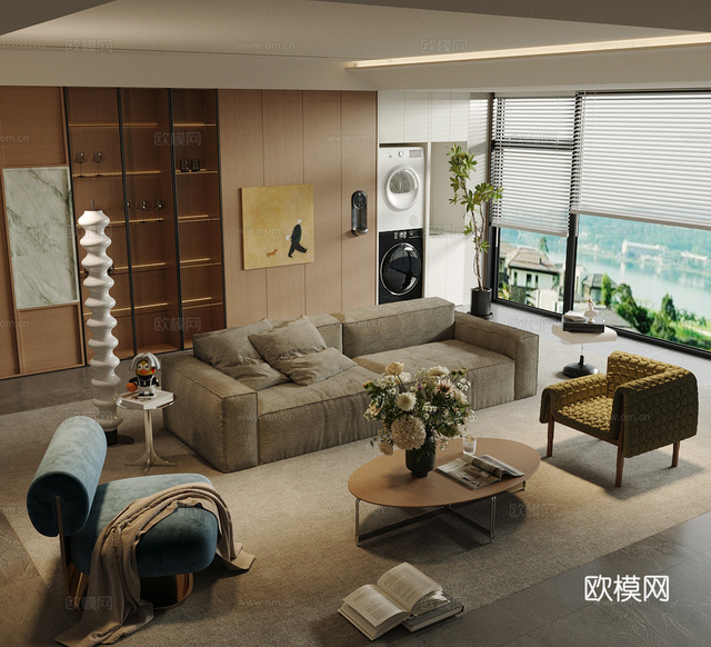 復(fù)古家居客廳 原木風(fēng)客廳 中古風(fēng)客廳 沙發(fā)茶幾組合 布藝沙發(fā)3d模型下載