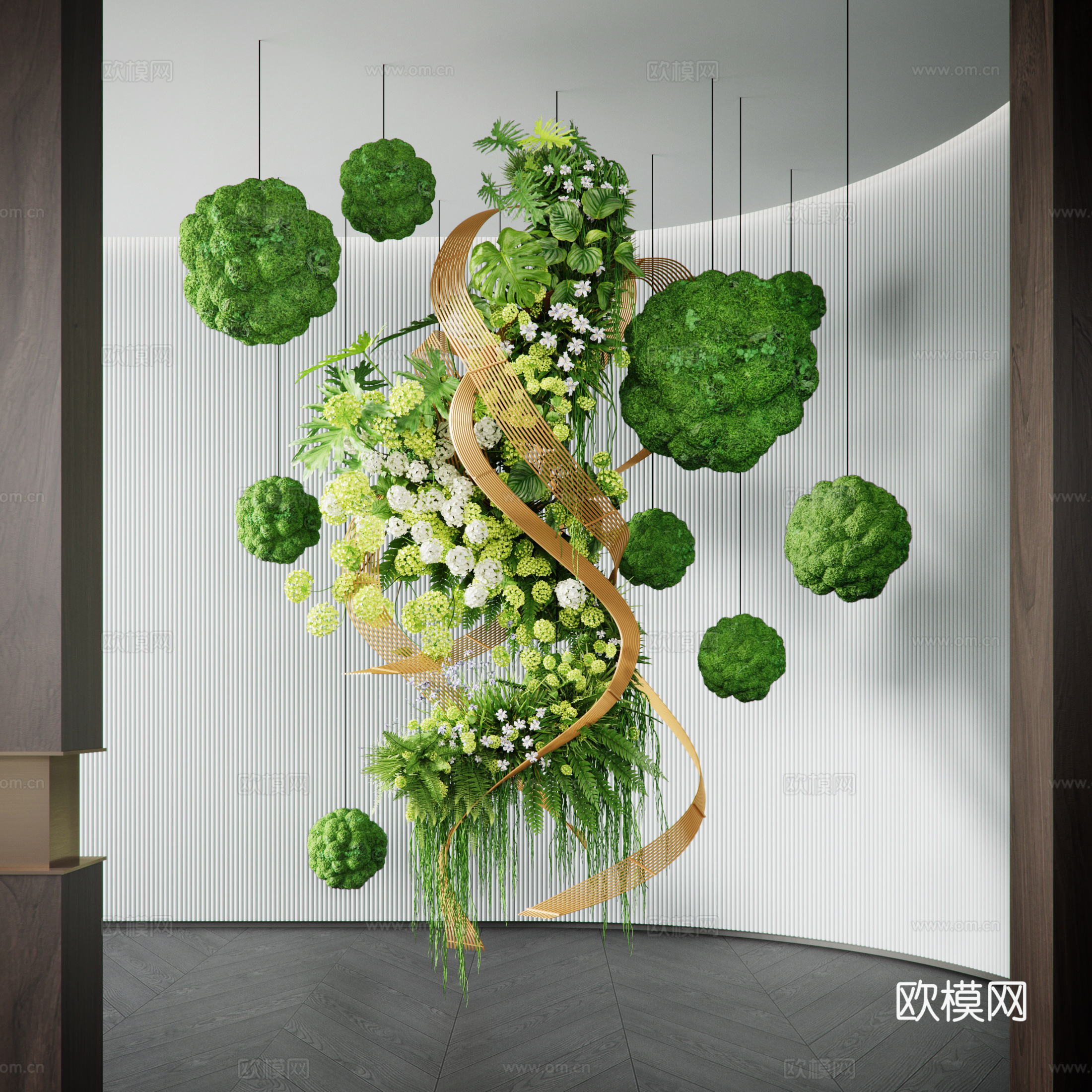 现代室内花艺装置 景观植物堆  苔藓垂吊装置 蕨类植物su模型