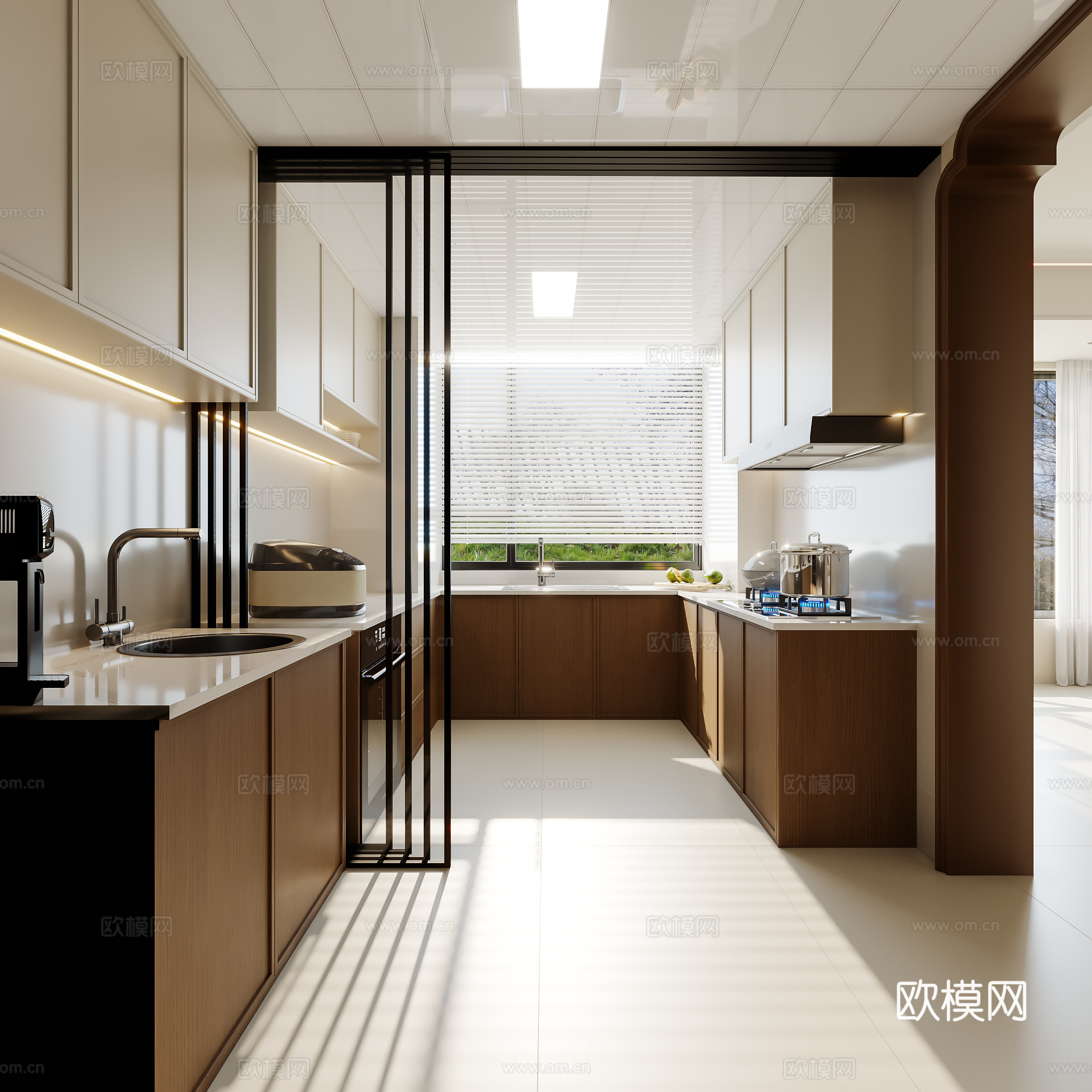 新中式厨房 橱柜 灶台 冰箱3d模型