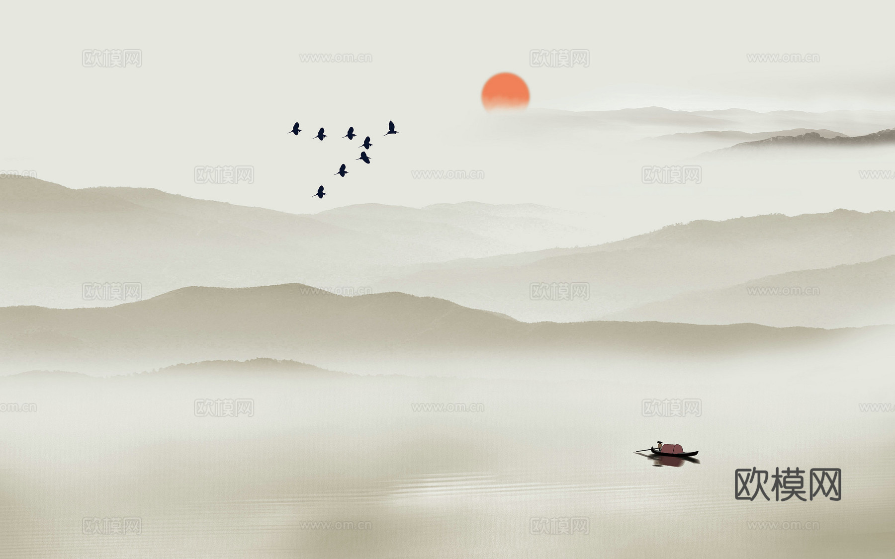 中式山水壁画壁纸  新中式山水背景墙