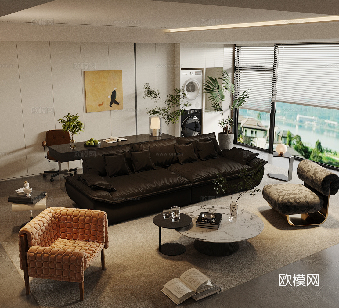 现代意式家居客厅 轻奢意式客厅 沙发茶几组合 高级灰客厅3d模型