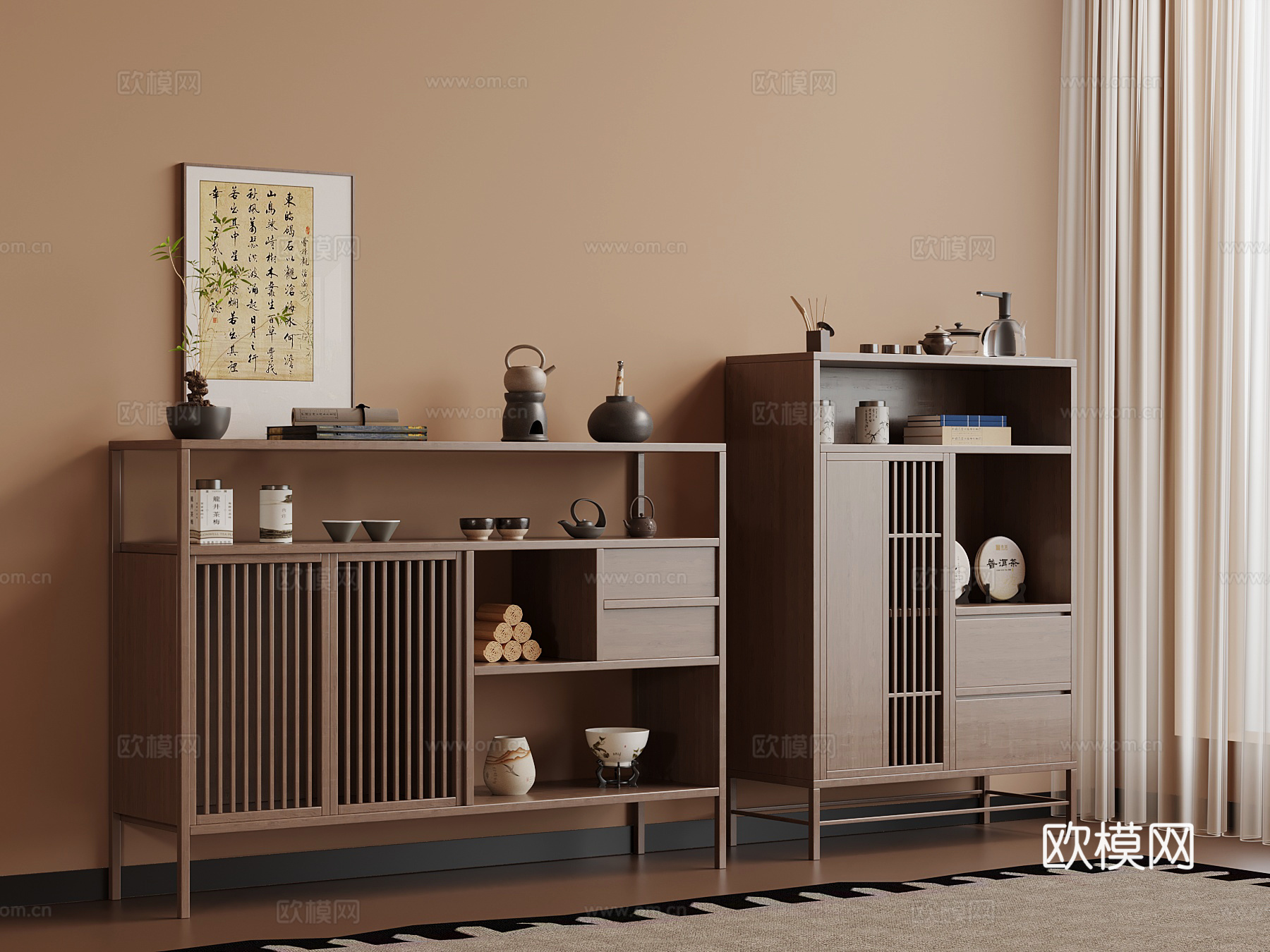 新中式茶柜 茶水柜 茶具 茶壶su模型