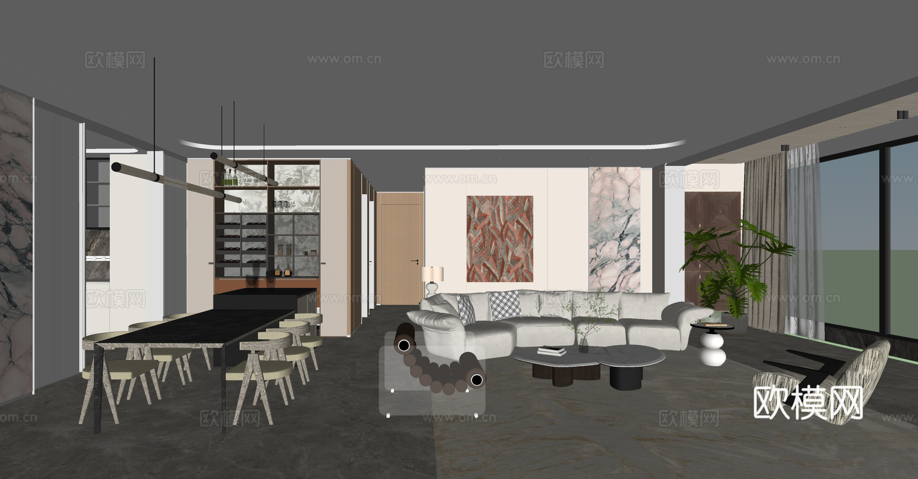 现代轻奢客餐厅 客餐一体设计 开放式餐厅 大户型客厅su模型