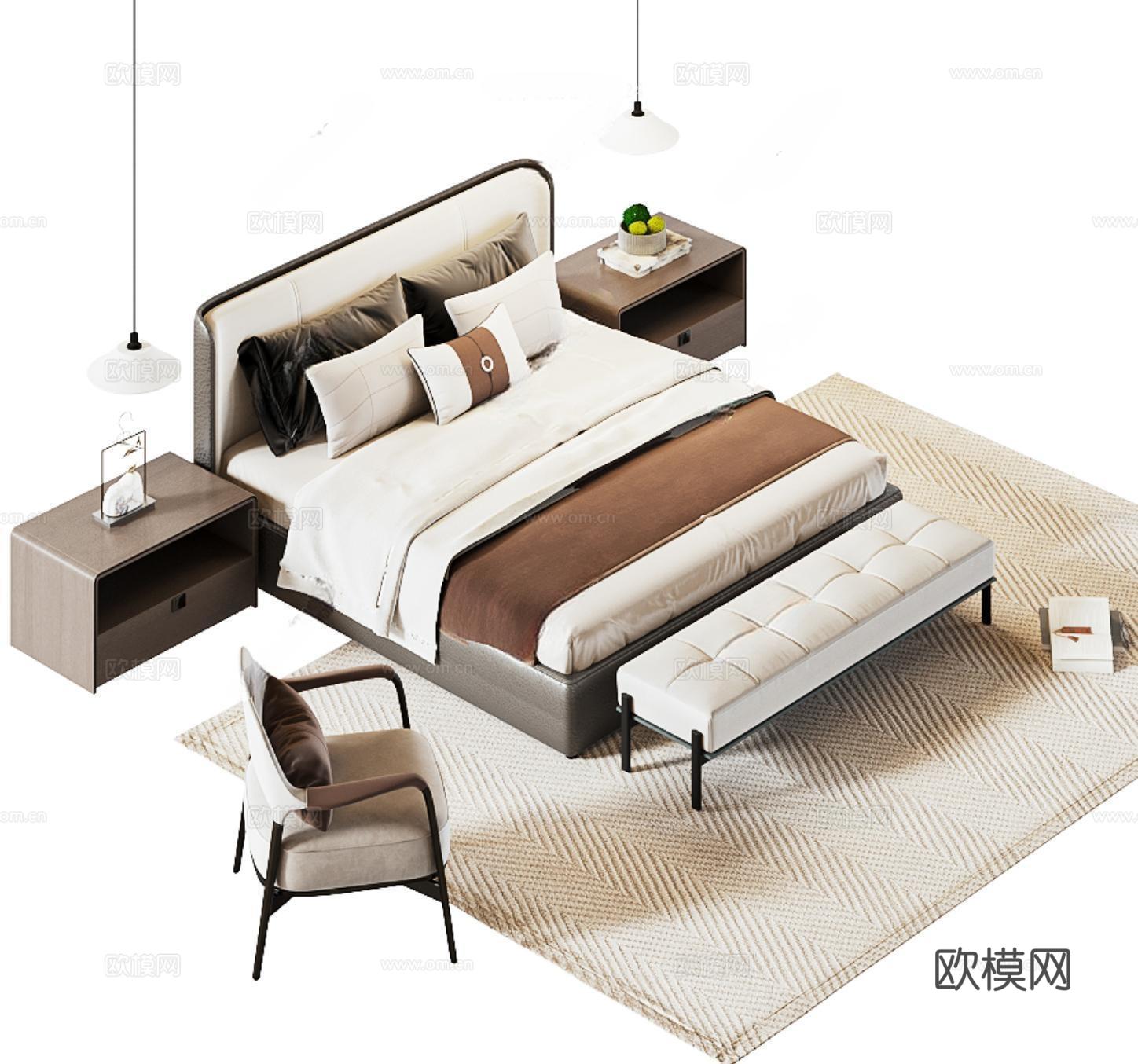 新中式双人床su模型