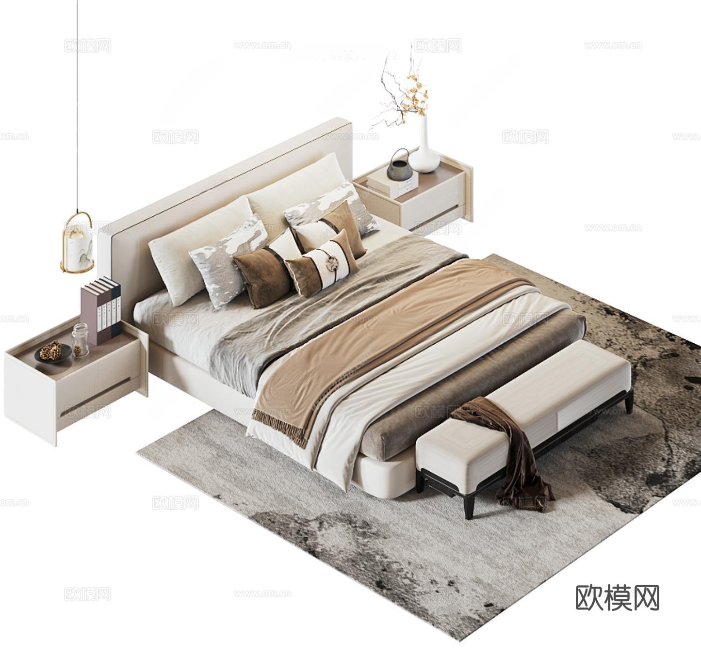 新中式双人床su模型
