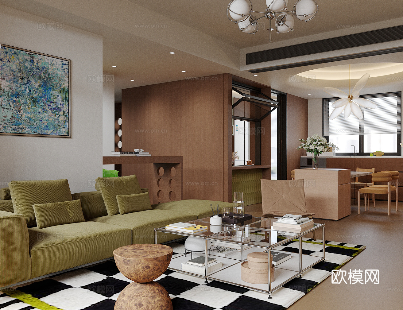 中古家居客餐厅 客餐一体设计 开放式餐厅 沙发茶几组合su模型