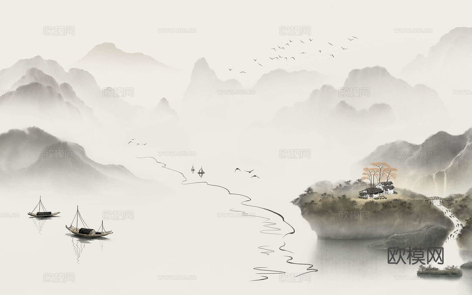中式山水壁画壁纸 新中式山水背景墙下载