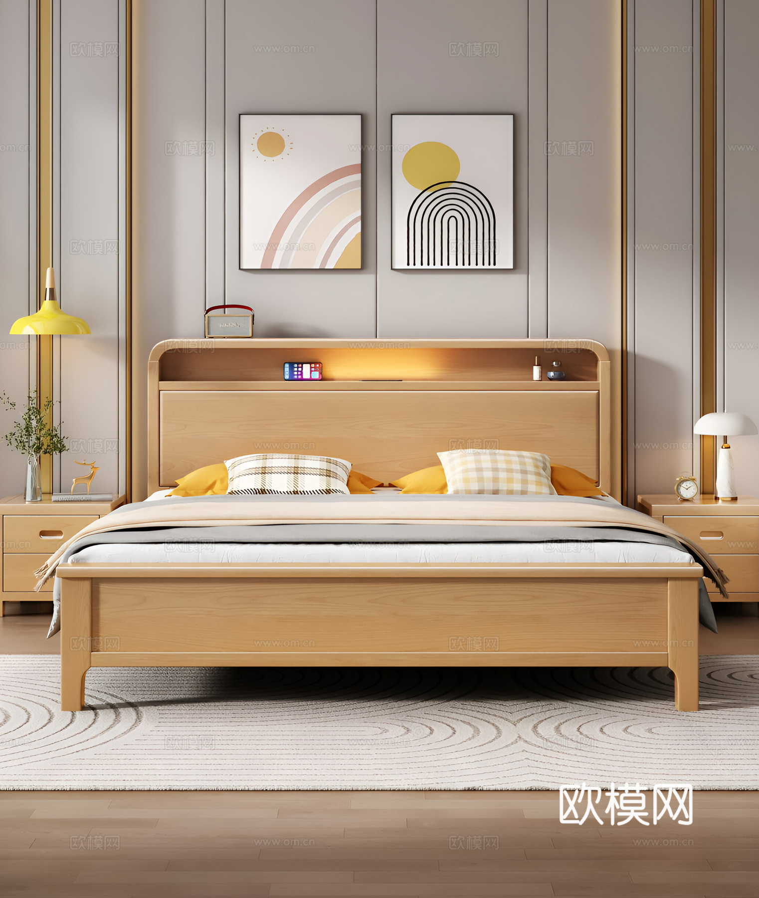 简约北欧家居卧室 榉木床 实木床 双人床 原木床3d模型