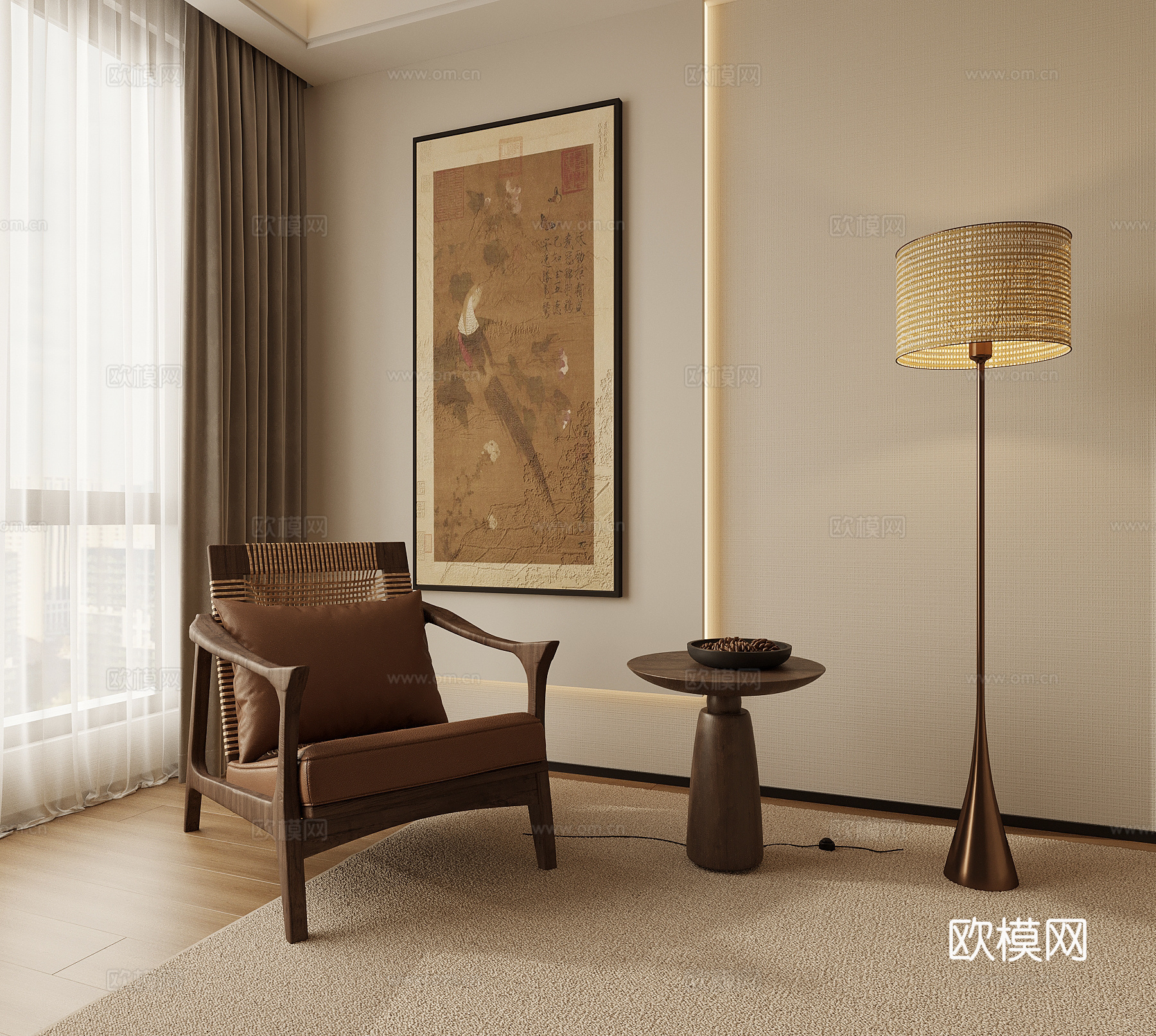 中古风落地灯 休闲椅 装饰画 边几3d模型