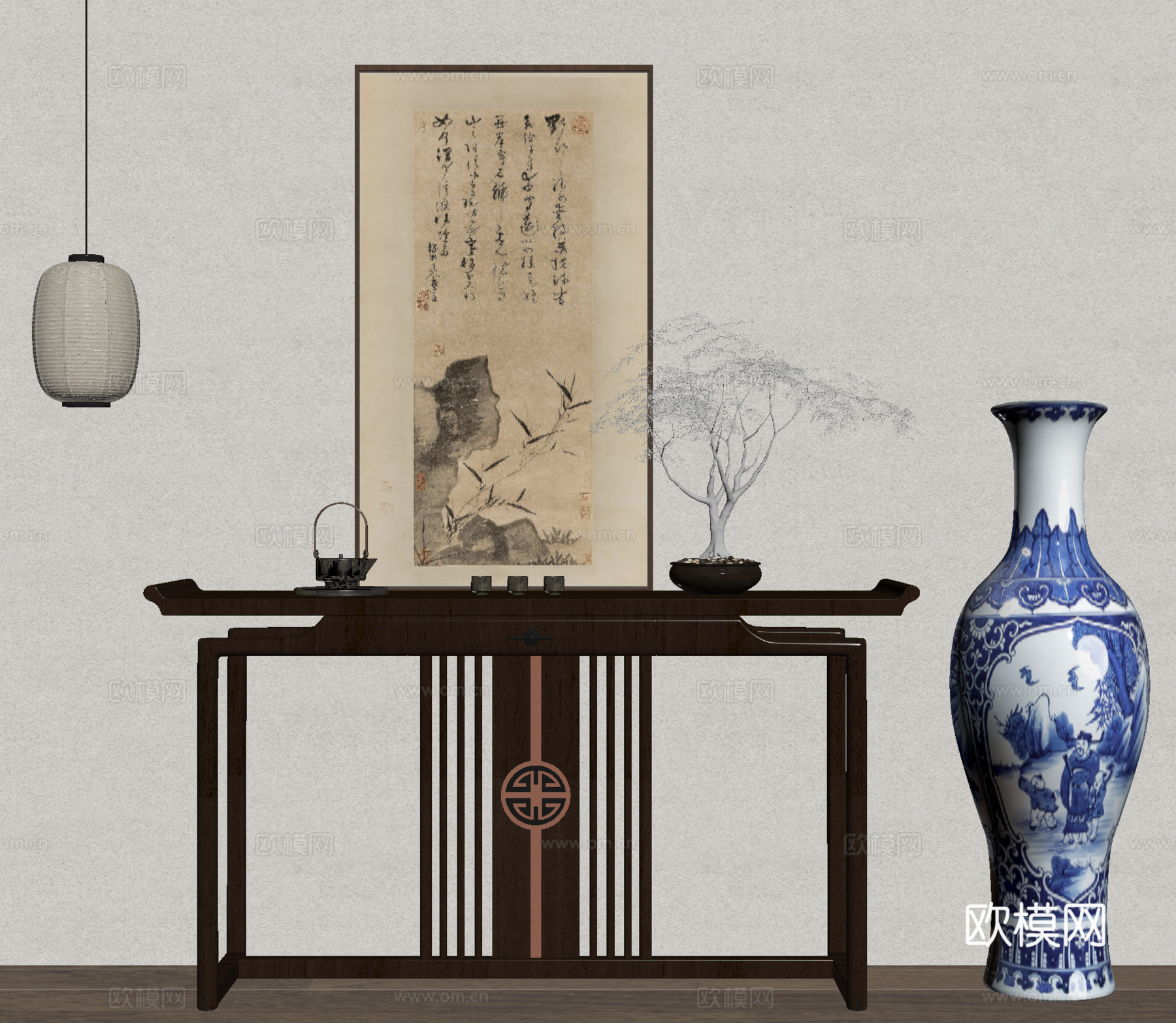 端景条案 玄关端景台 青花瓷瓶 花艺 水墨画 灯笼su模型