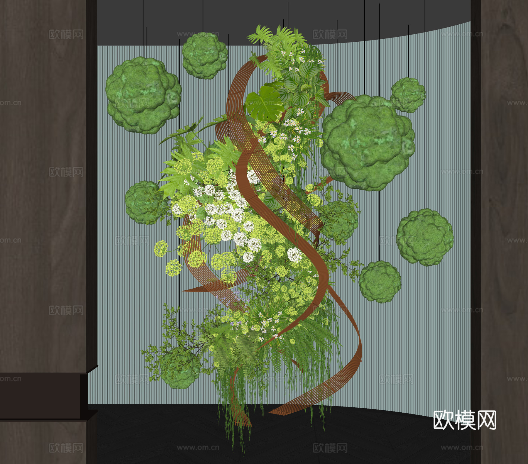 现代室内花艺装置 景观植物堆  苔藓垂吊装置 蕨类植物su模型