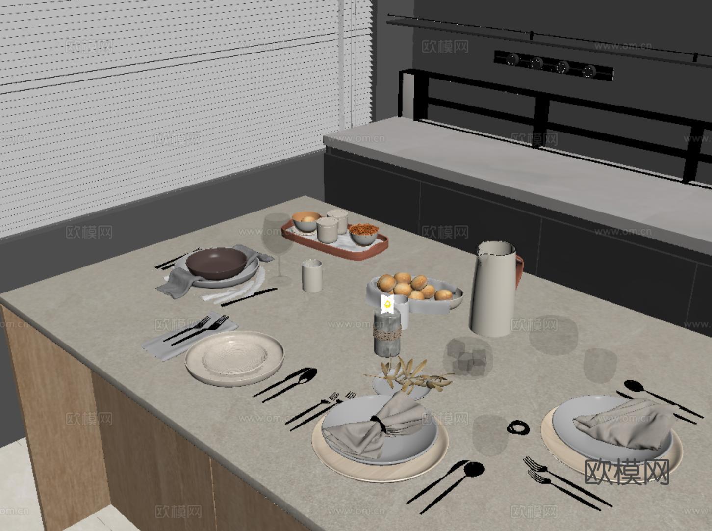 现代餐具 盘子 杯子 厨房用品 食物su模型