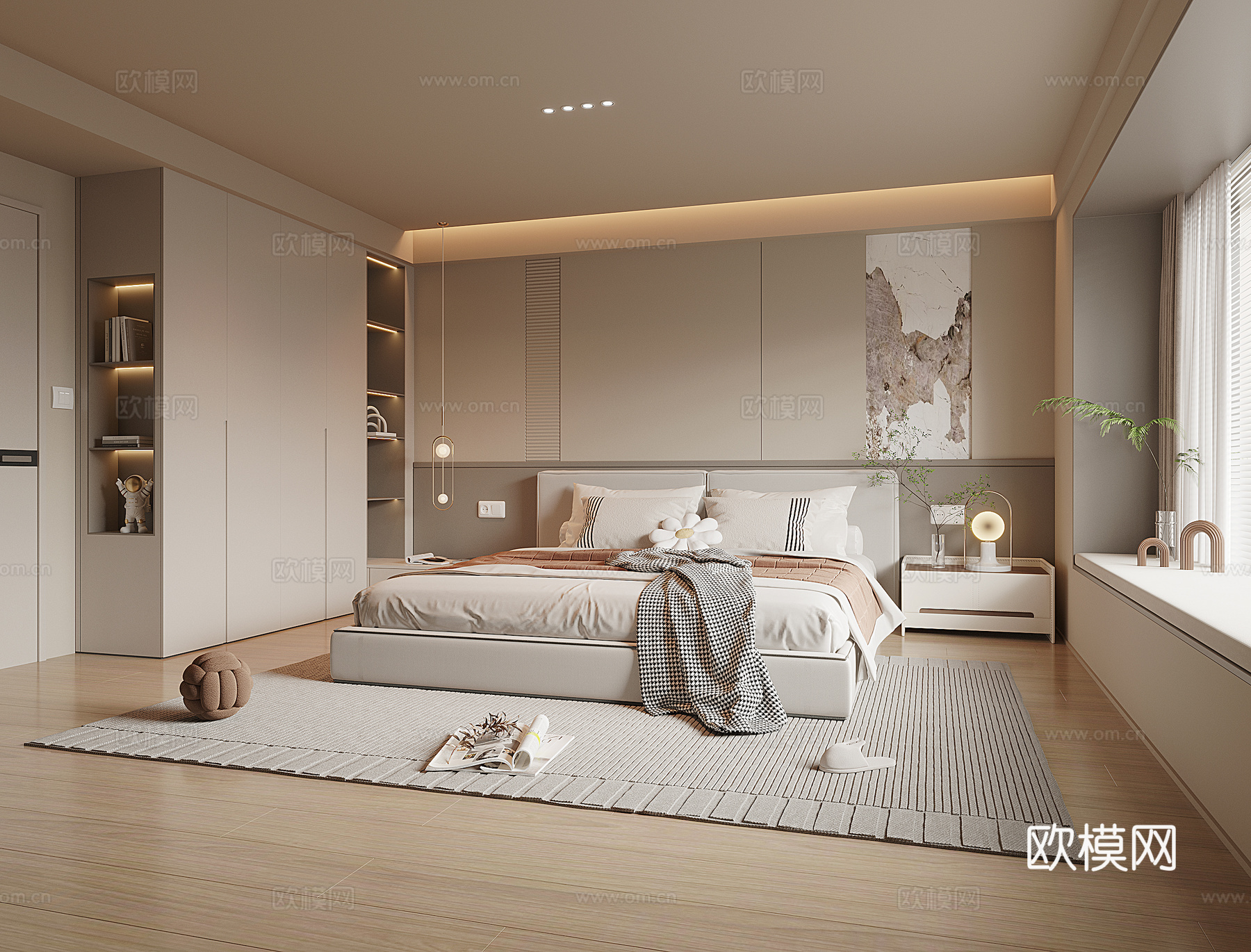 现代奶油风卧室3d模型