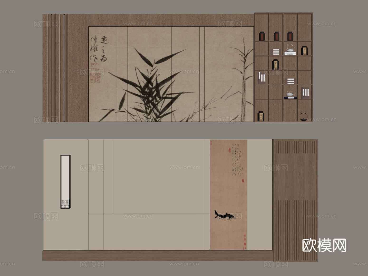 新中式背景墙su模型