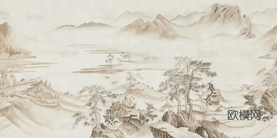 中式山水壁画壁纸 新中式山水背景墙下载