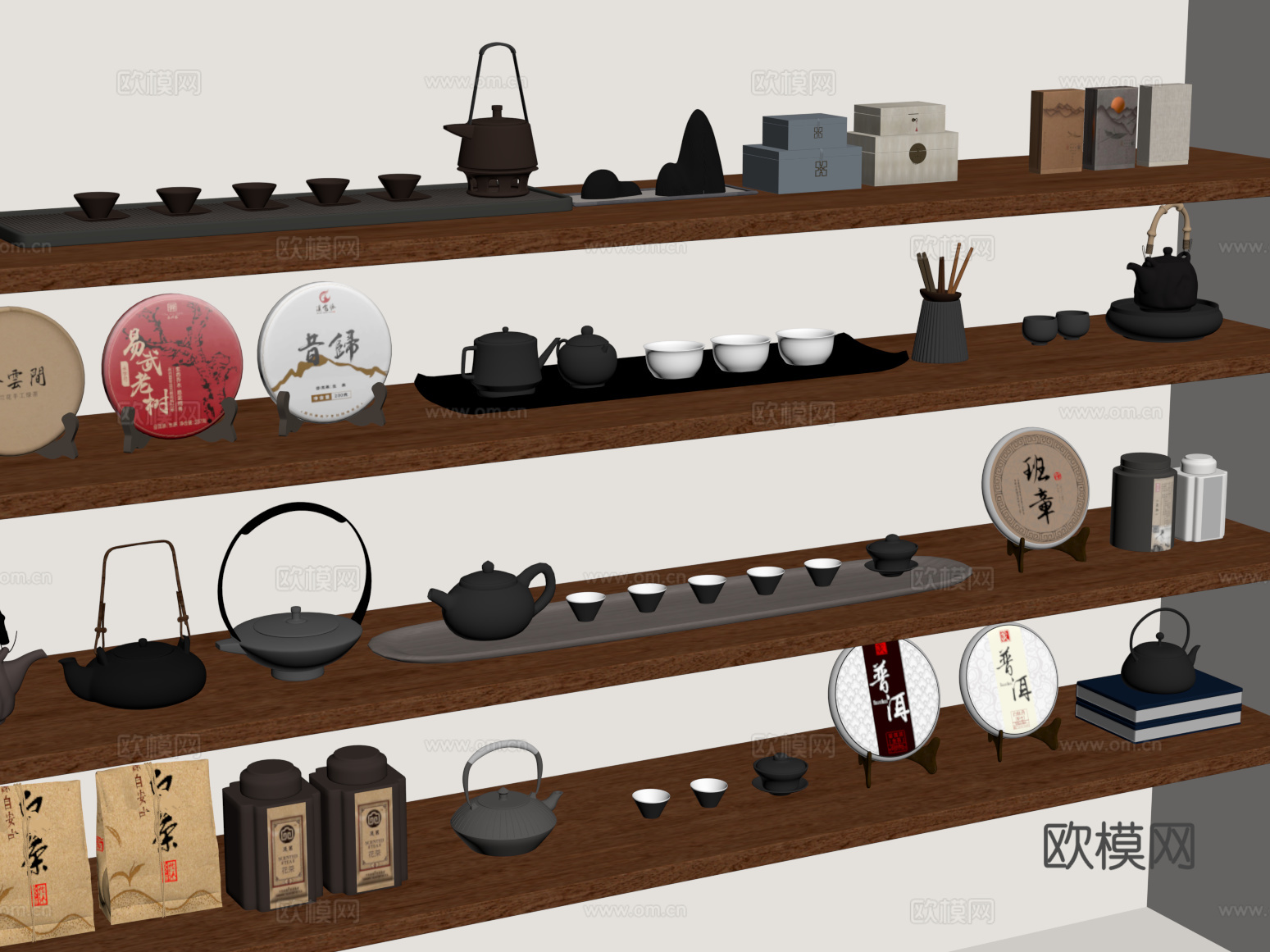 新中式茶具 茶壶 茶杯 茶叶 摆件su模型
