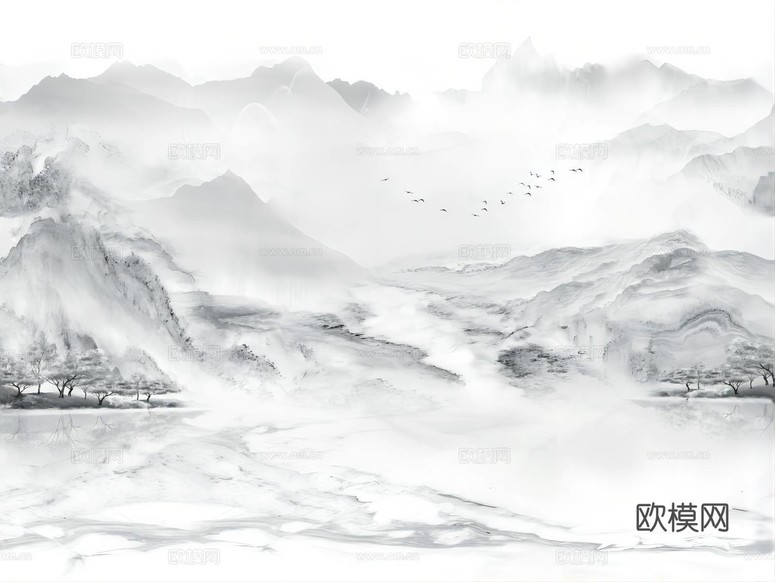 中式山水壁画壁纸 新中式山水背景墙下载