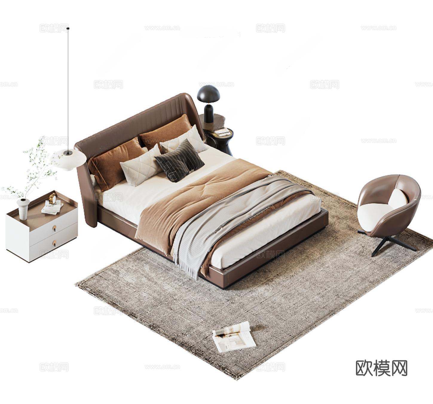 现代双人床su模型