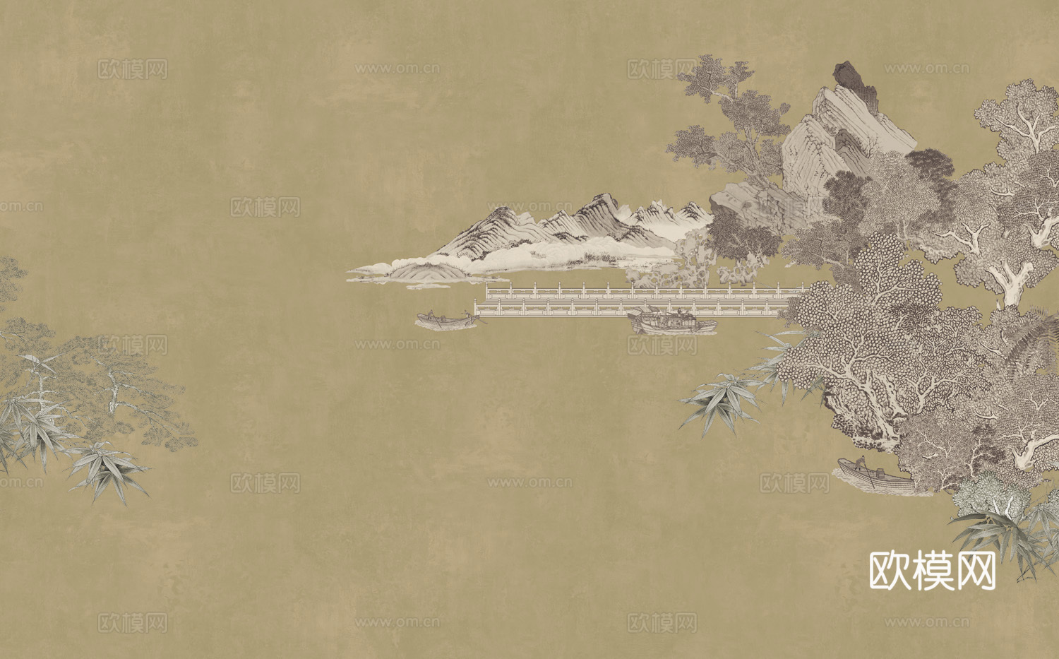 中式山水壁画壁纸  新中式山水壁画壁纸