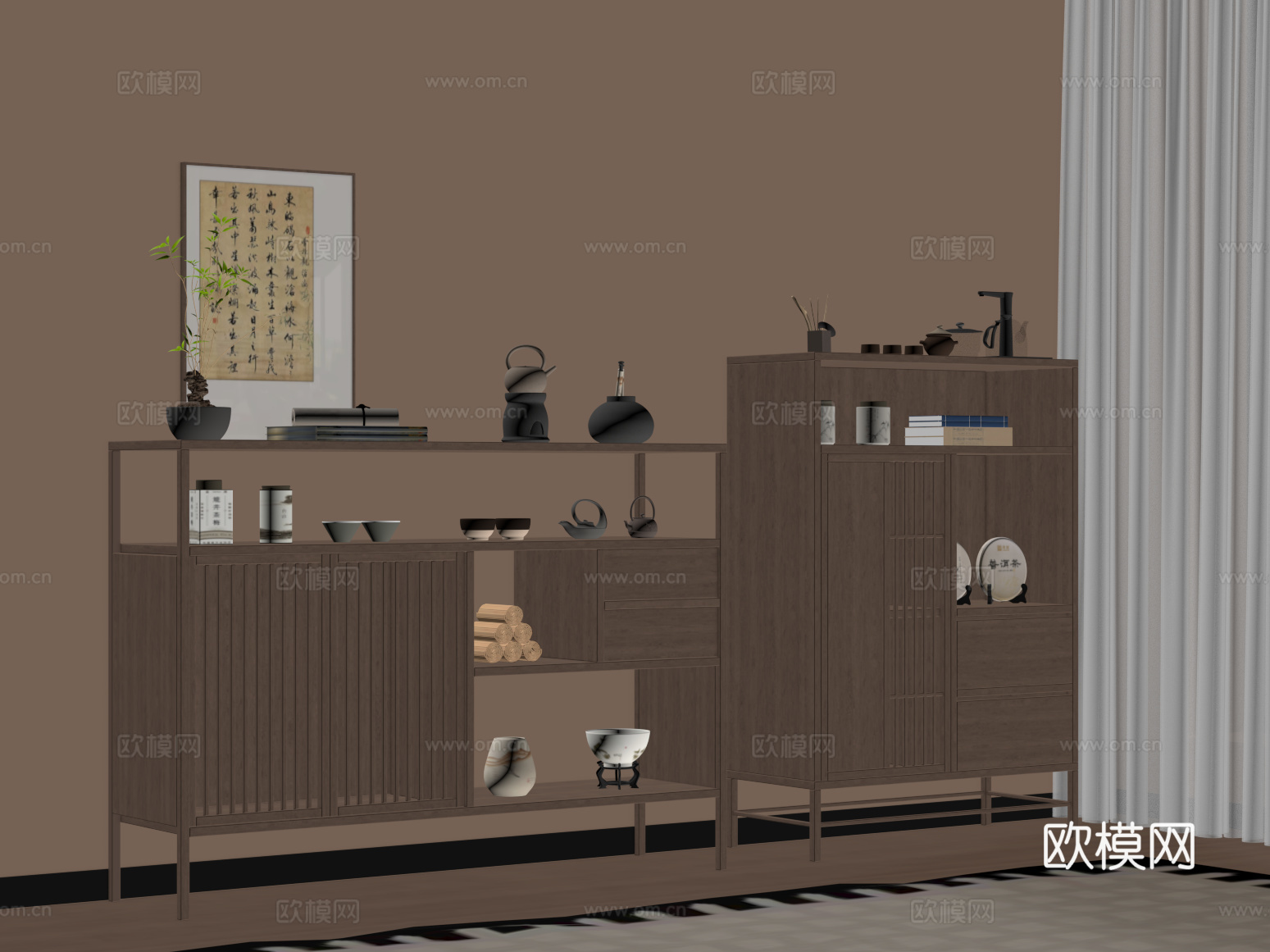 新中式茶柜 茶水柜 茶具 茶壶su模型