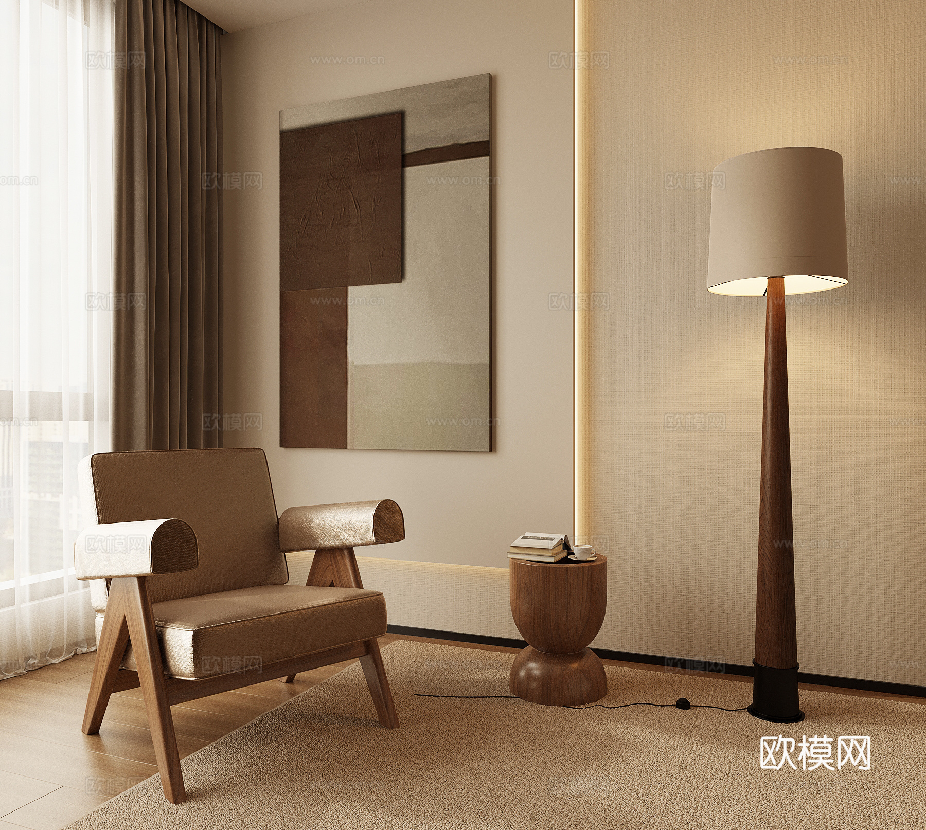 中古风落地灯 休闲椅 装饰画 边几3d模型