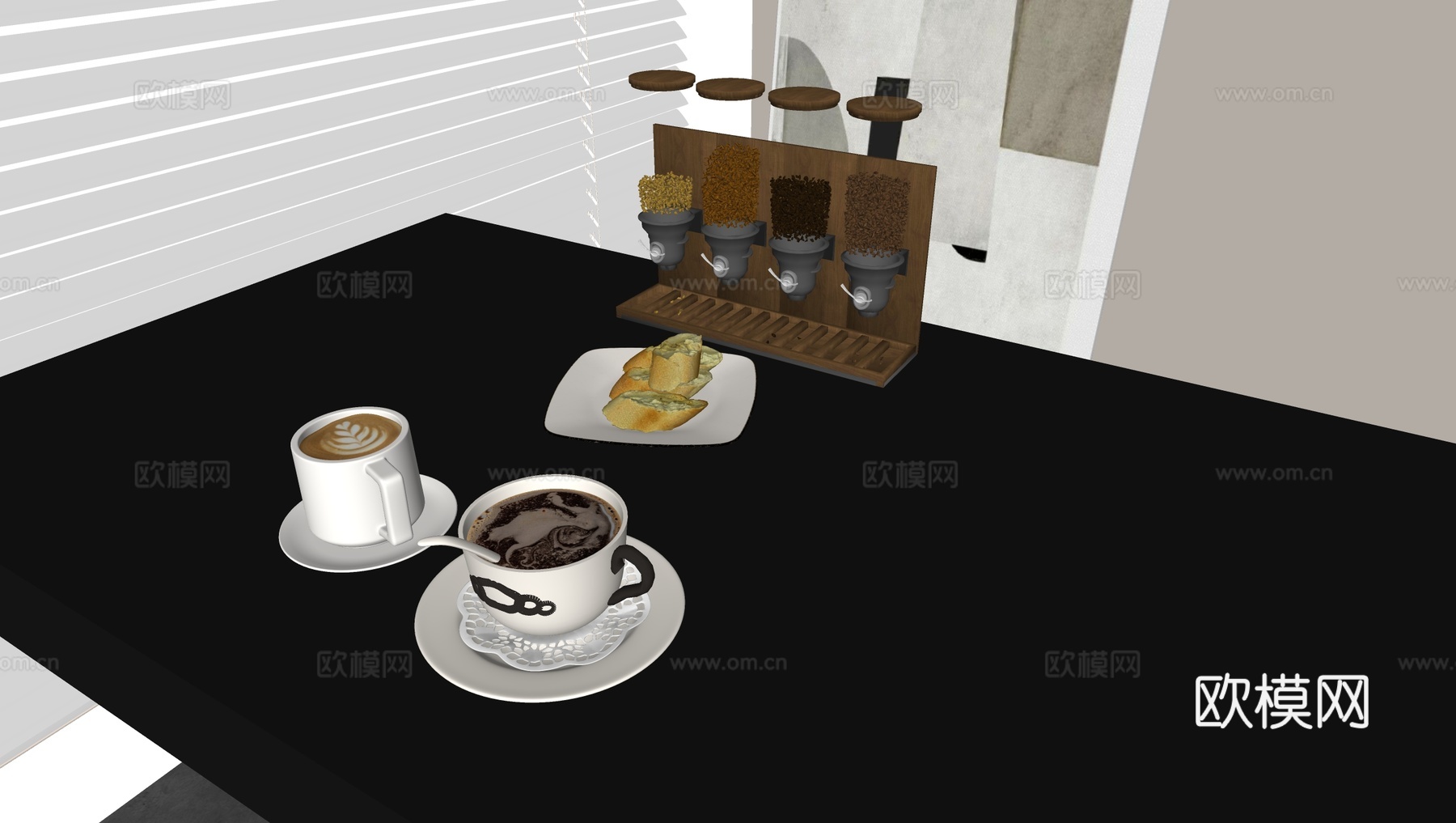 拉花咖啡咖啡杯 食物面包甜点 咖啡豆玻璃容器su模型