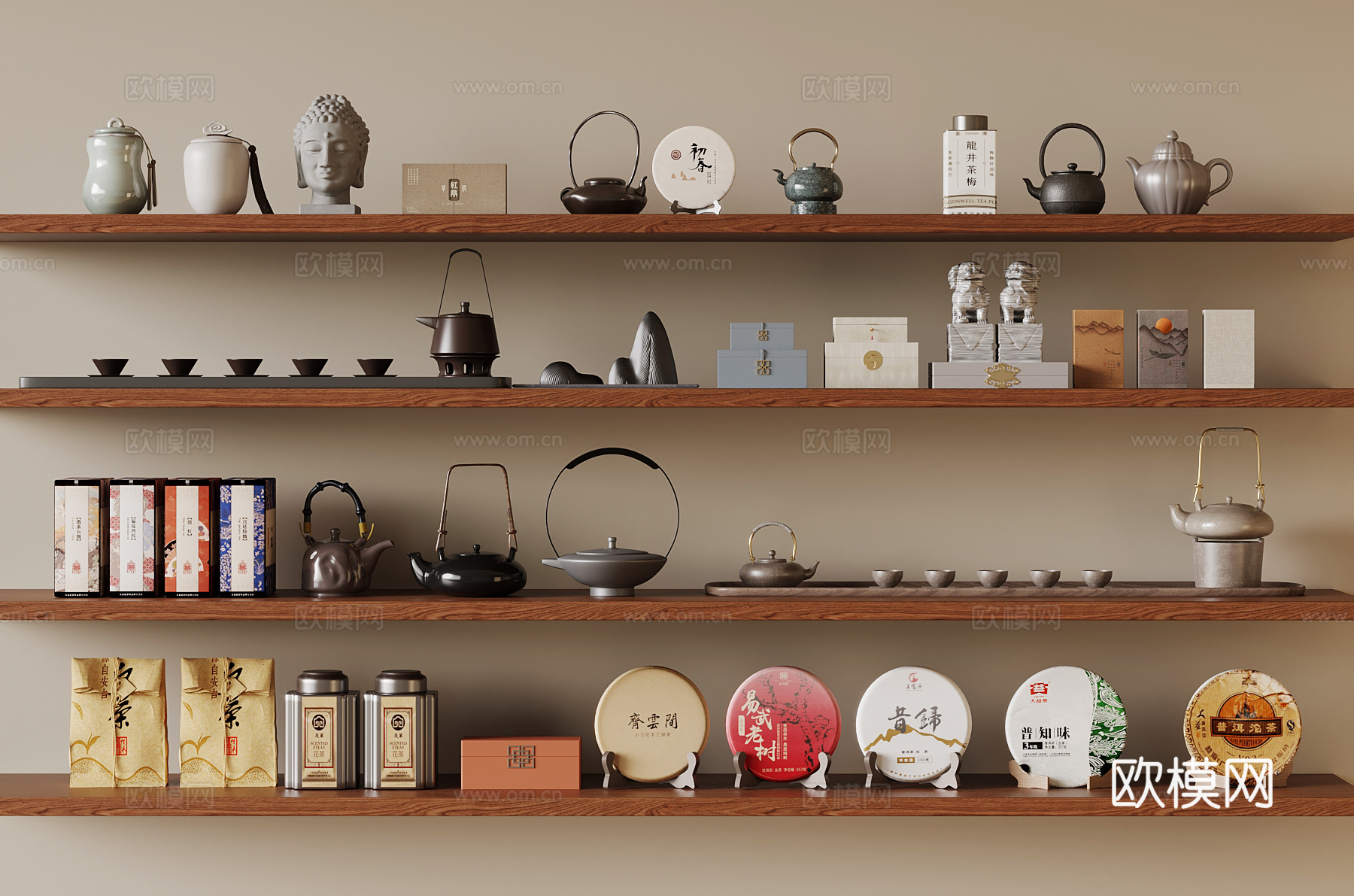 新中式茶具 茶壶 茶杯 茶叶 摆件su模型