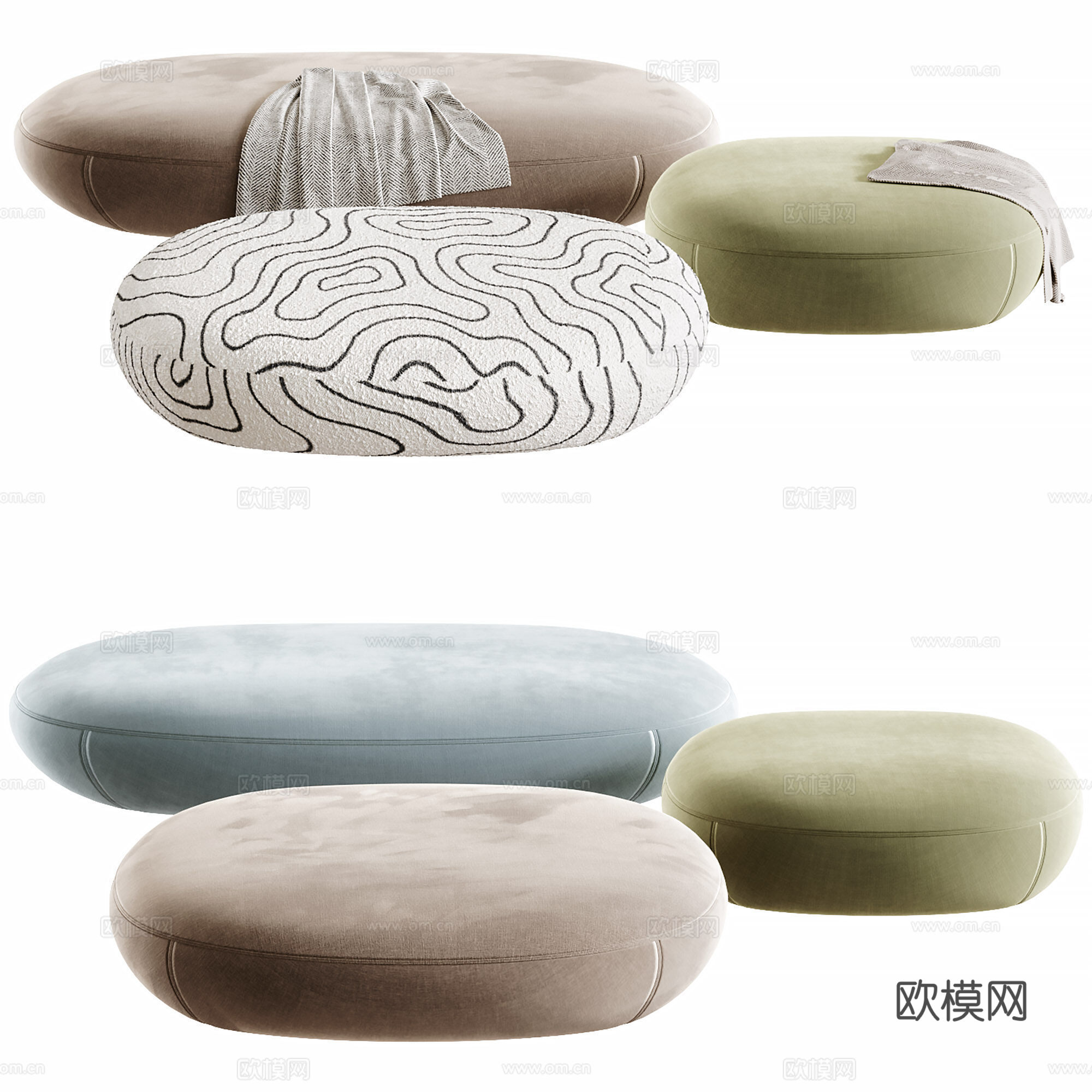 现代奶油风布艺沙发凳3d模型