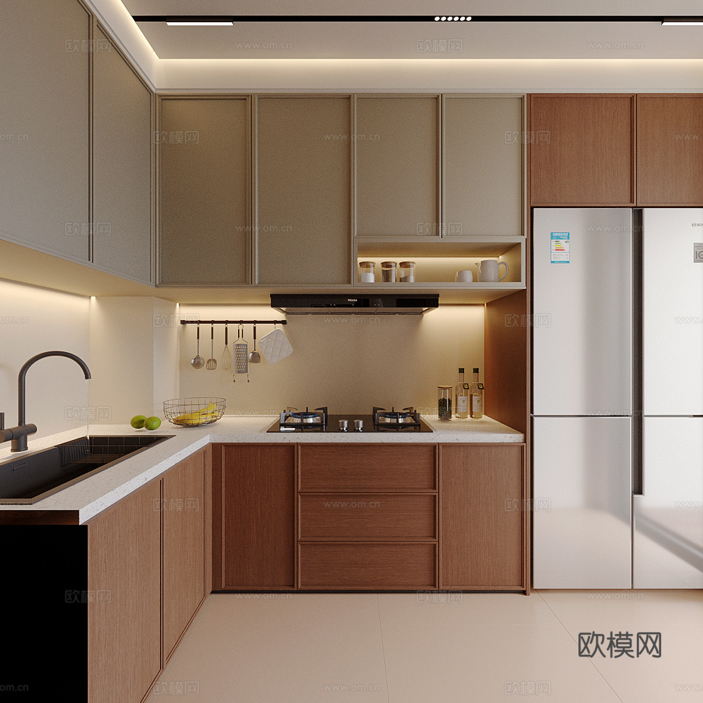 现代中古封闭式厨房 中古风厨房 u型厨房 l型厨房 厨房用品su模型